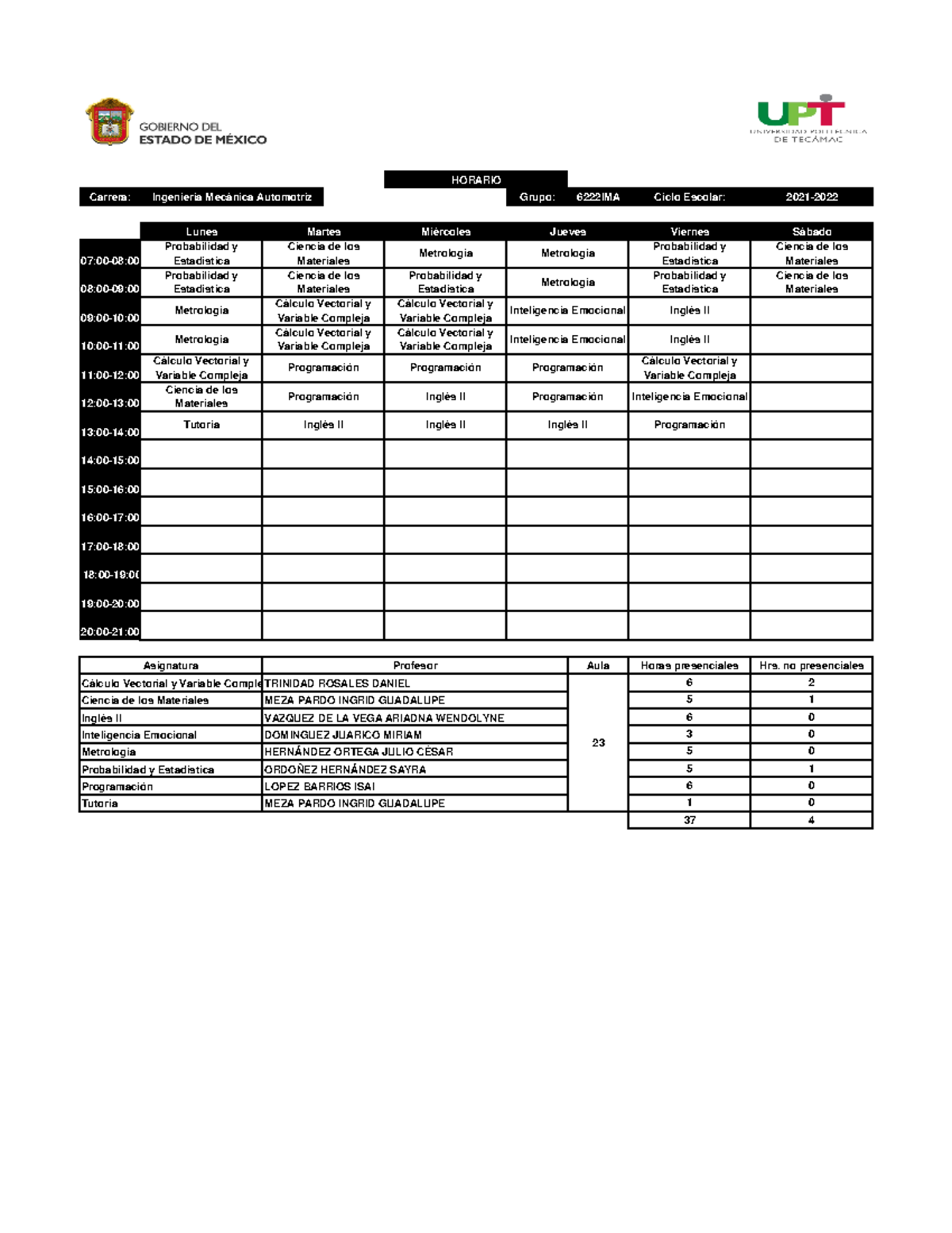 Horario Grupal Ene-Abr 2022-6 6222IMA - 37 4 Tutoría MEZA PARDO INGRID ...