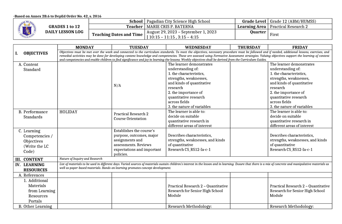 DLL Prac Res 2 Week 1 - Daily Lesson Log - Based On Annex 2B To DepEd ...