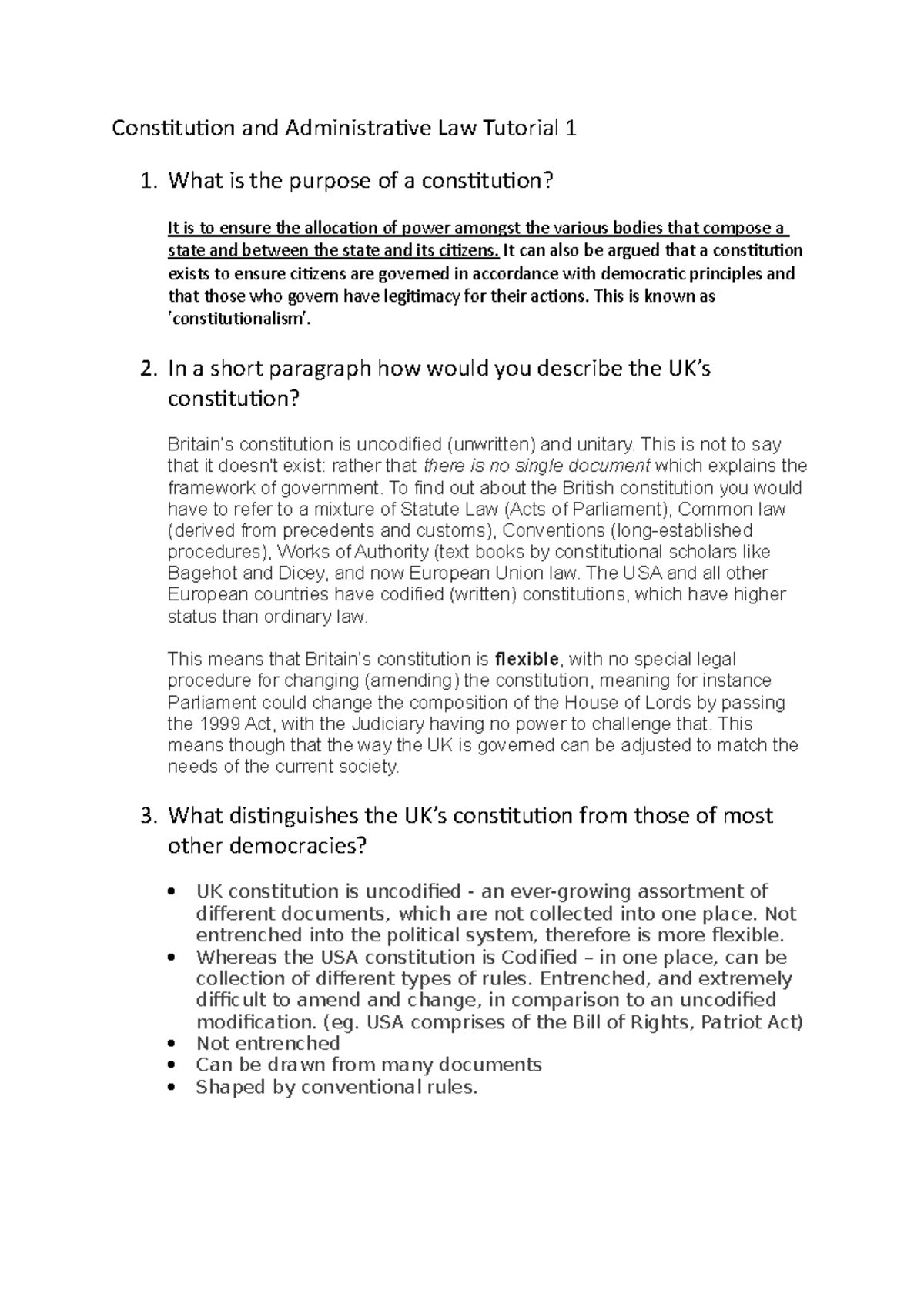 Constitution and Administrative Law Tutorial 1 What is the purpose of