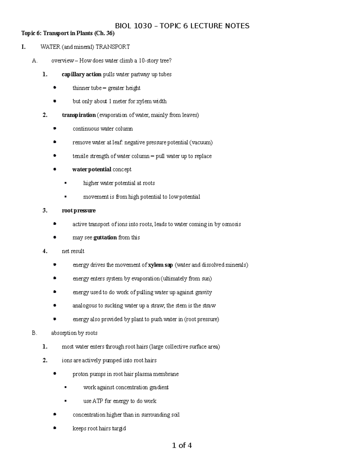 Topic 06 - Topic 6: Transport in Plants (Ch. 36) I. WATER (and mineral ...