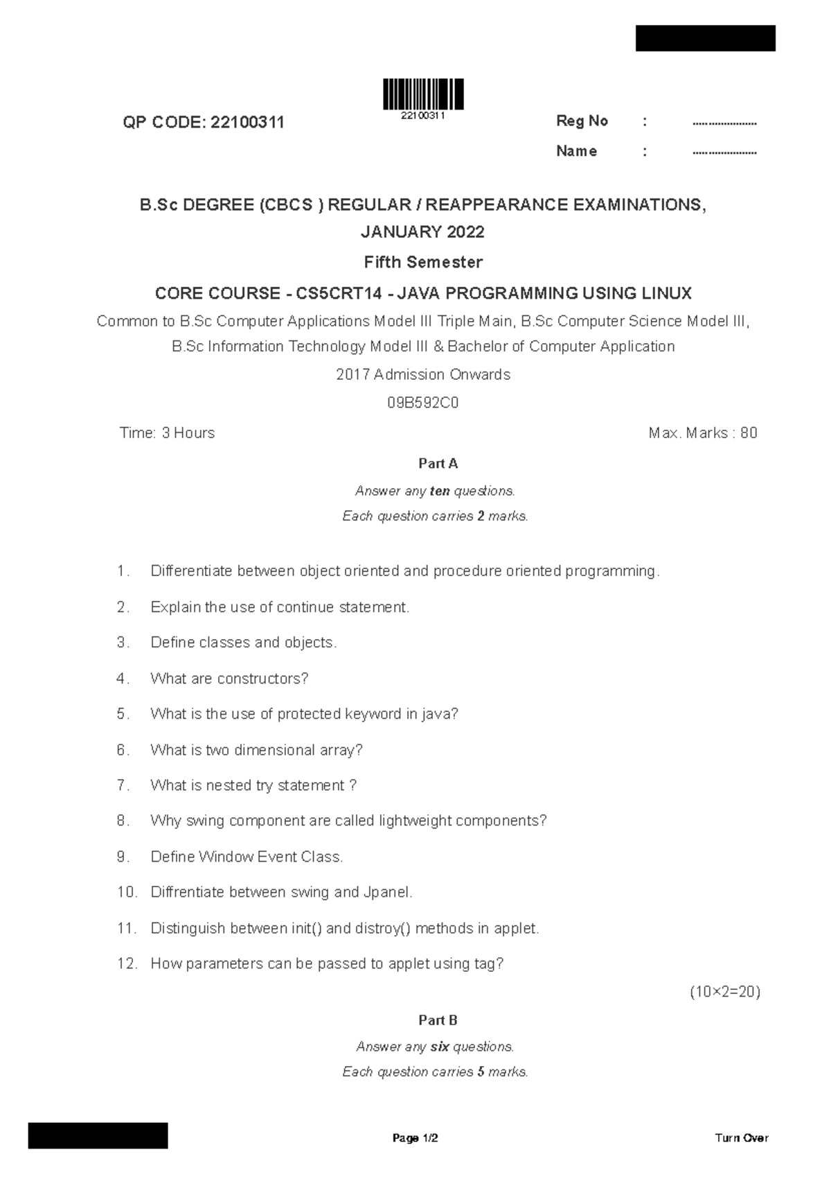 Java question paper - Java notes - QP CODE: 22100311 Reg No ...