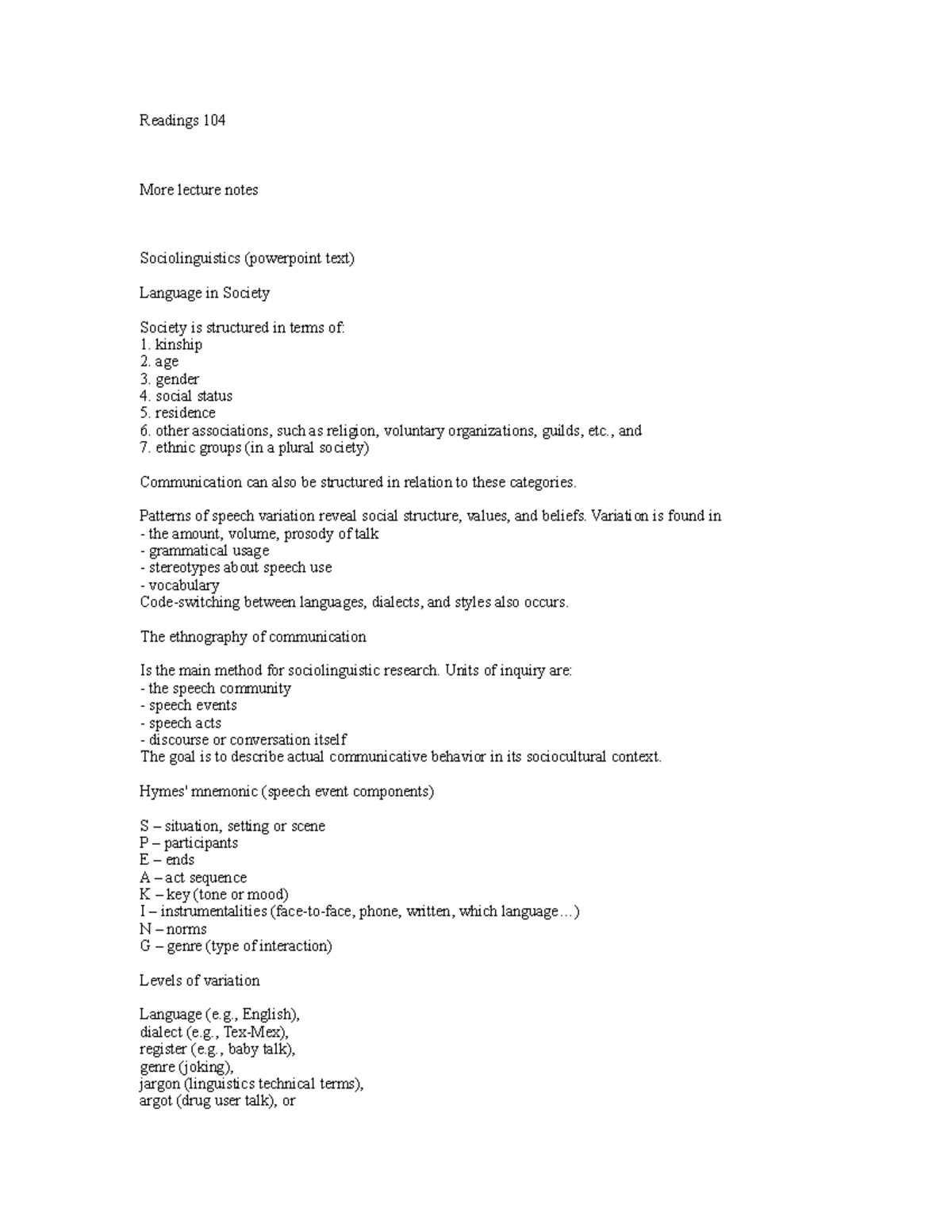 Sociolinguistics notes - Readings 104 More lecture notes ...