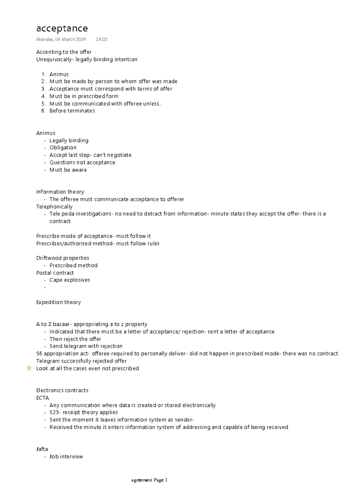Acceptance lecture notes - Accenting to the offer Unequivocally ...