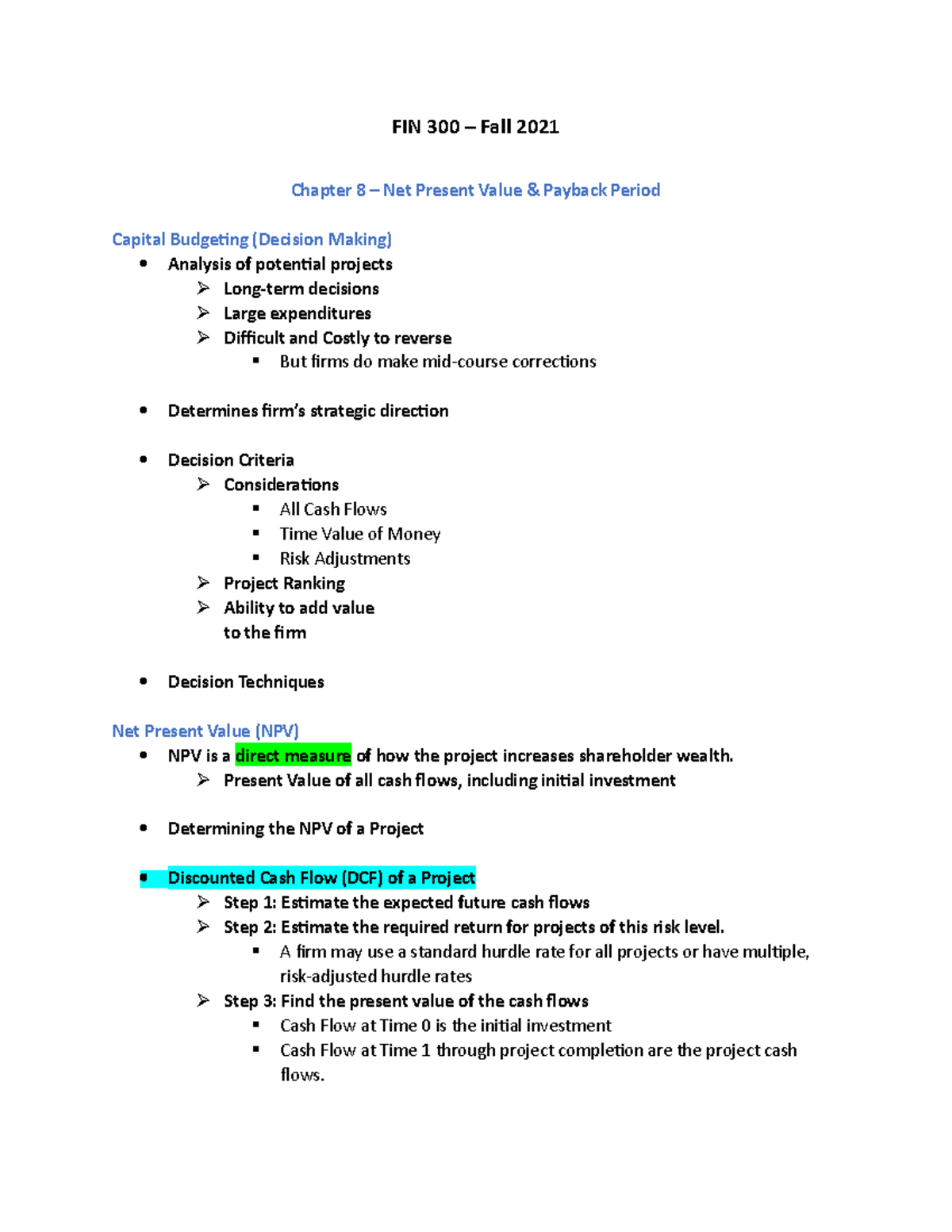 FIN 300 Chapter 8 NPV and Payback Period - FIN 300 – Fall 2021 Chapter ...