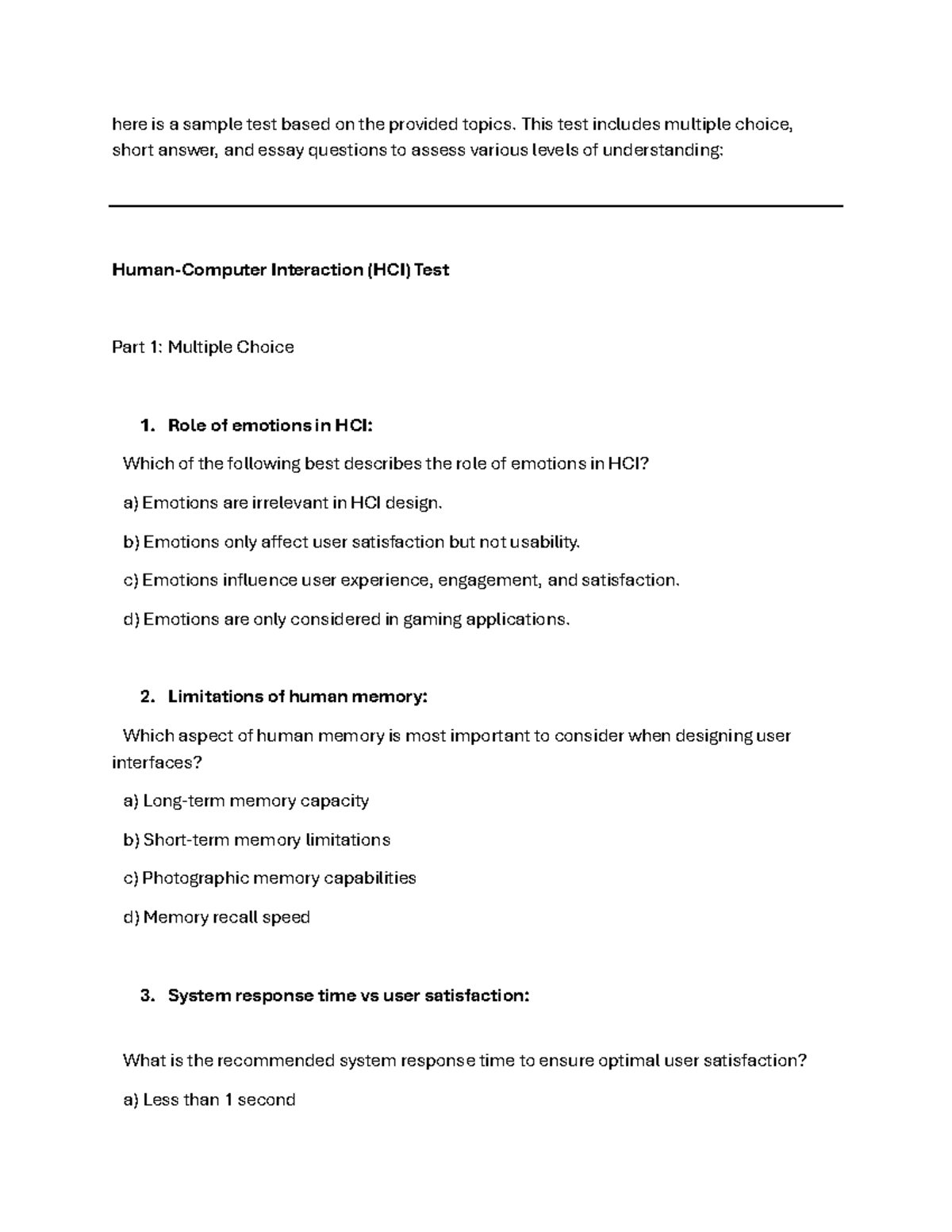 HCI , practice questions - here is a sample test based on the provided ...