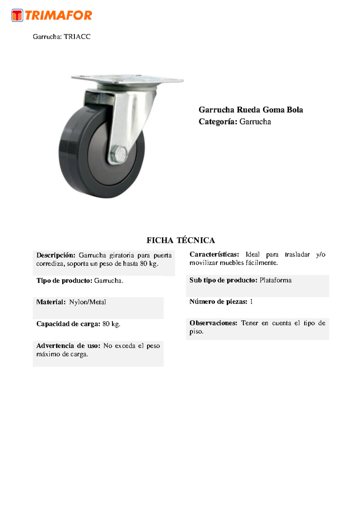 Garrucha rueda goma bola - Garrucha: TRIACC FICHA TÉCNICA Descripción ...