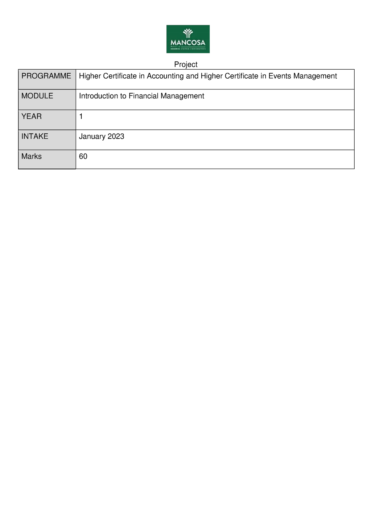 HAC Intro to FInancial Management Question Paper - Project PROGRAMME ...