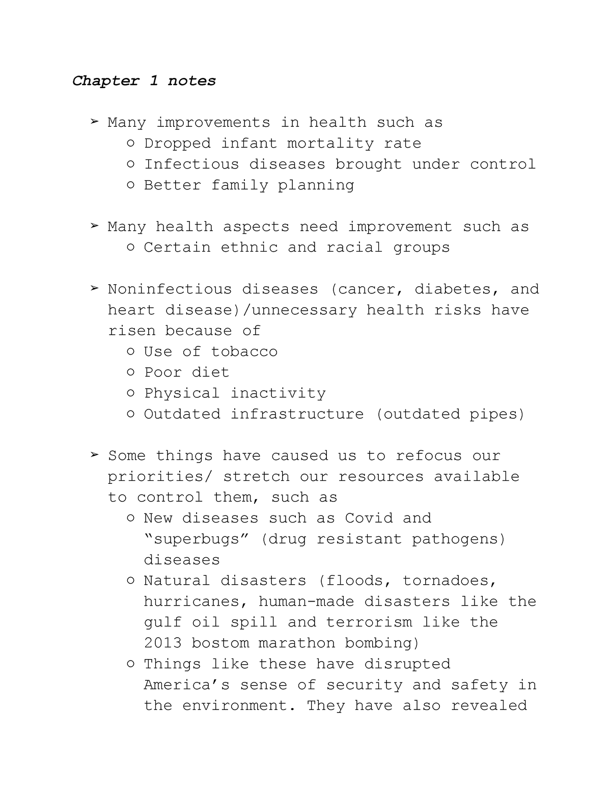 Chapter 1 notes - Chapter 1 notes Many improvements in health such as ...