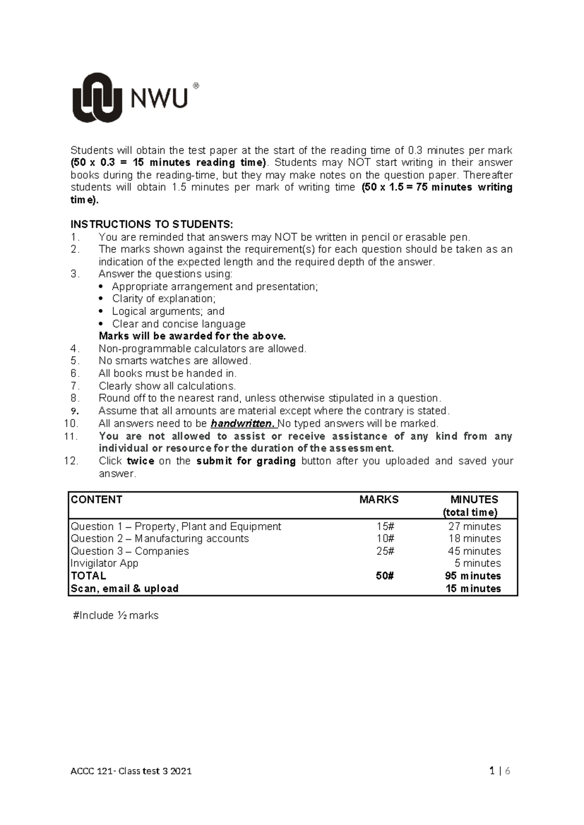 ACCC+121+2021+Class+test+3+prot - Students will obtain the test paper ...