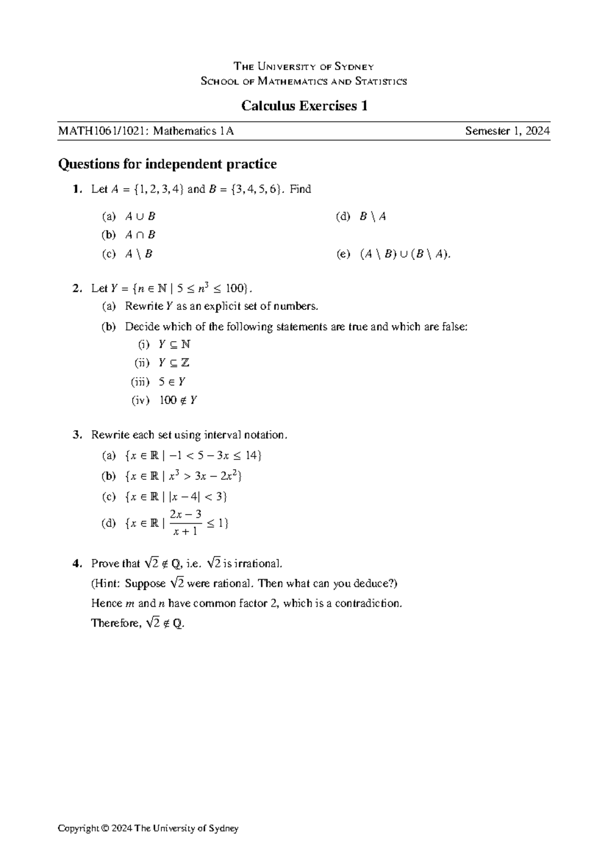Calculus-exercises-1 - The University of Sydney School of Mathematics ...