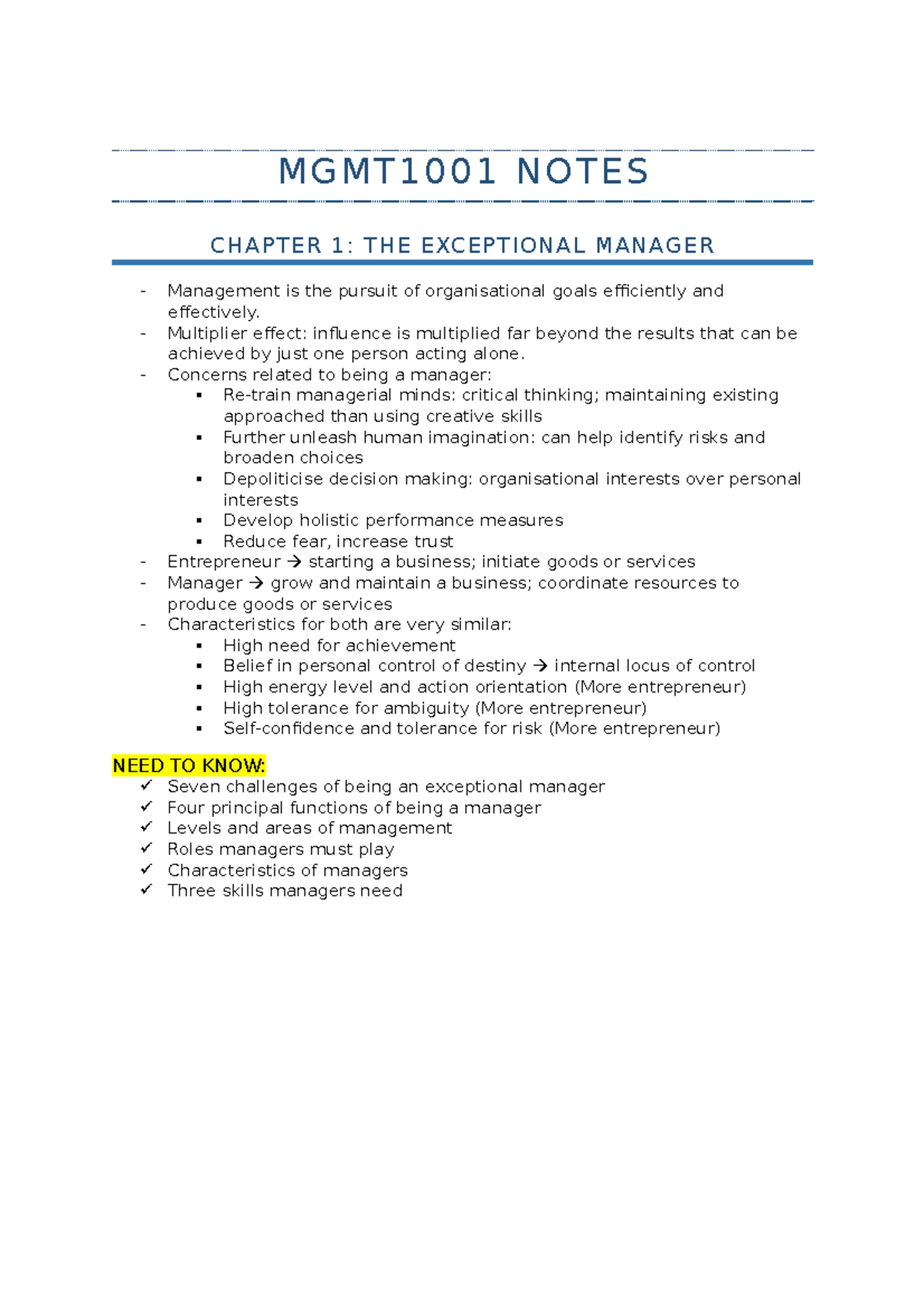 MGMT1001 Notes for Final Exam - MGMT1001 NOTES CHAPTER 1: THE ...