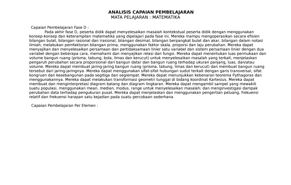 Analis CP Matematika - ANALISIS CAPAIAN PEMBELAJARAN MATA PELAJARAN ...