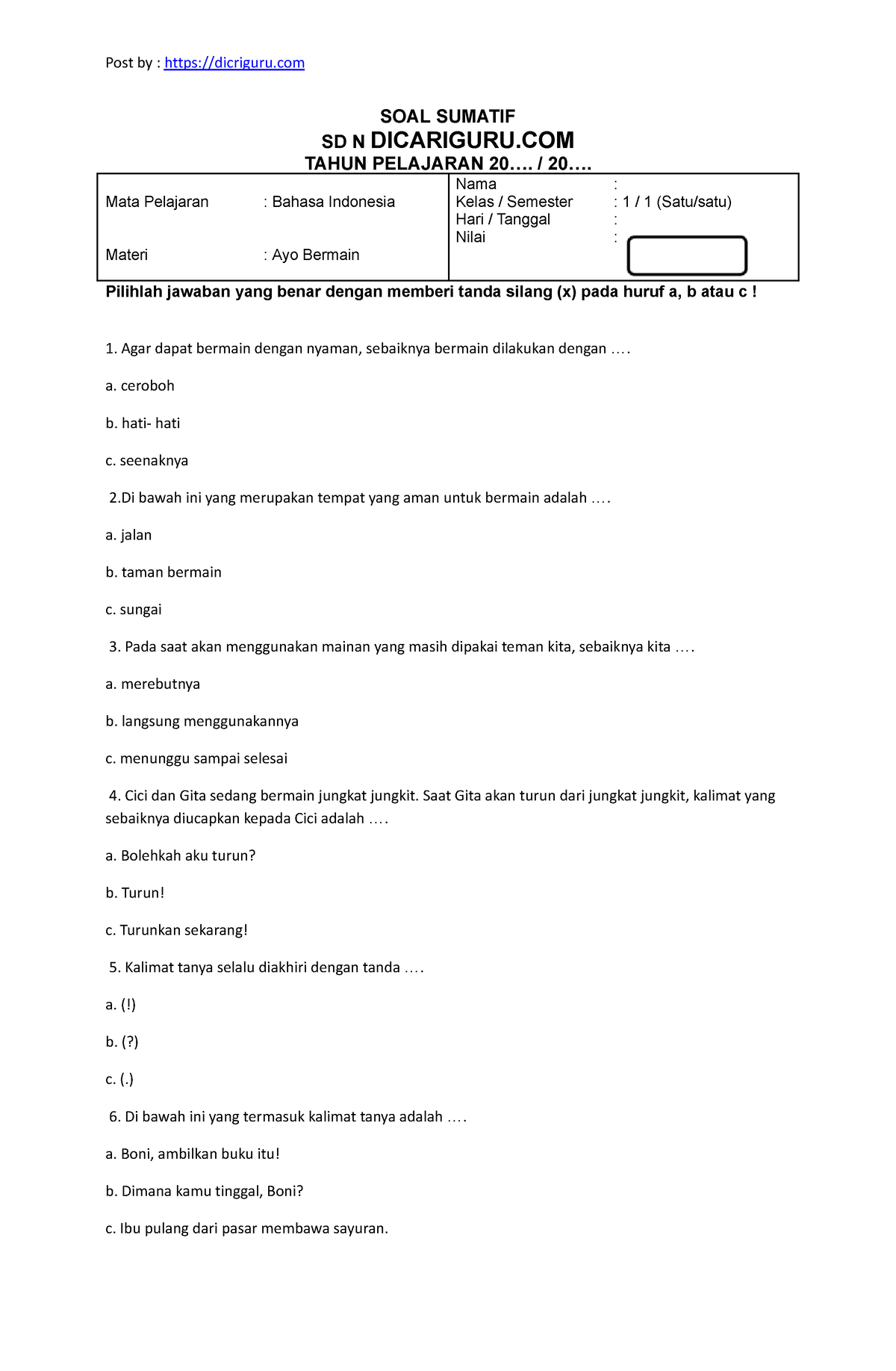 SOAL Sumatif B.INDO BAB 2 ( Dicariguru - SOAL SUMATIF SD N DICARIGURU ...