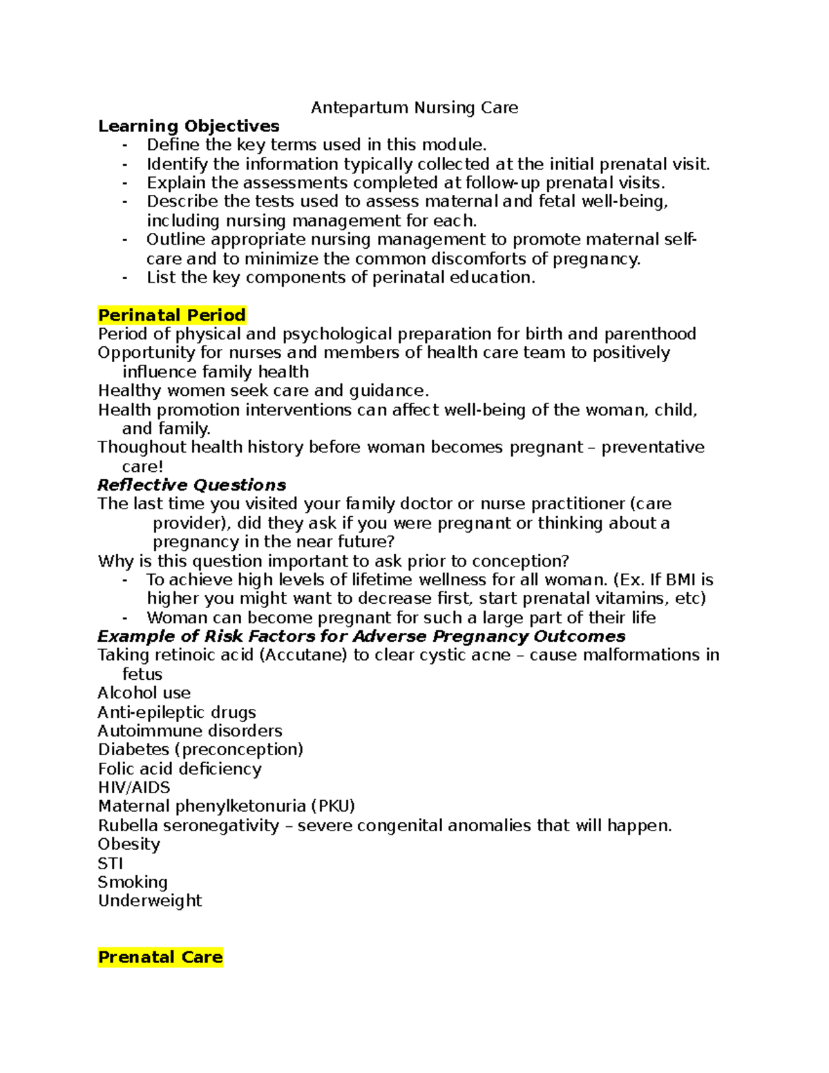 Mod 2 C - Concept Map. Prof Jennifer Kramer - Antepartum Nursing Care ...