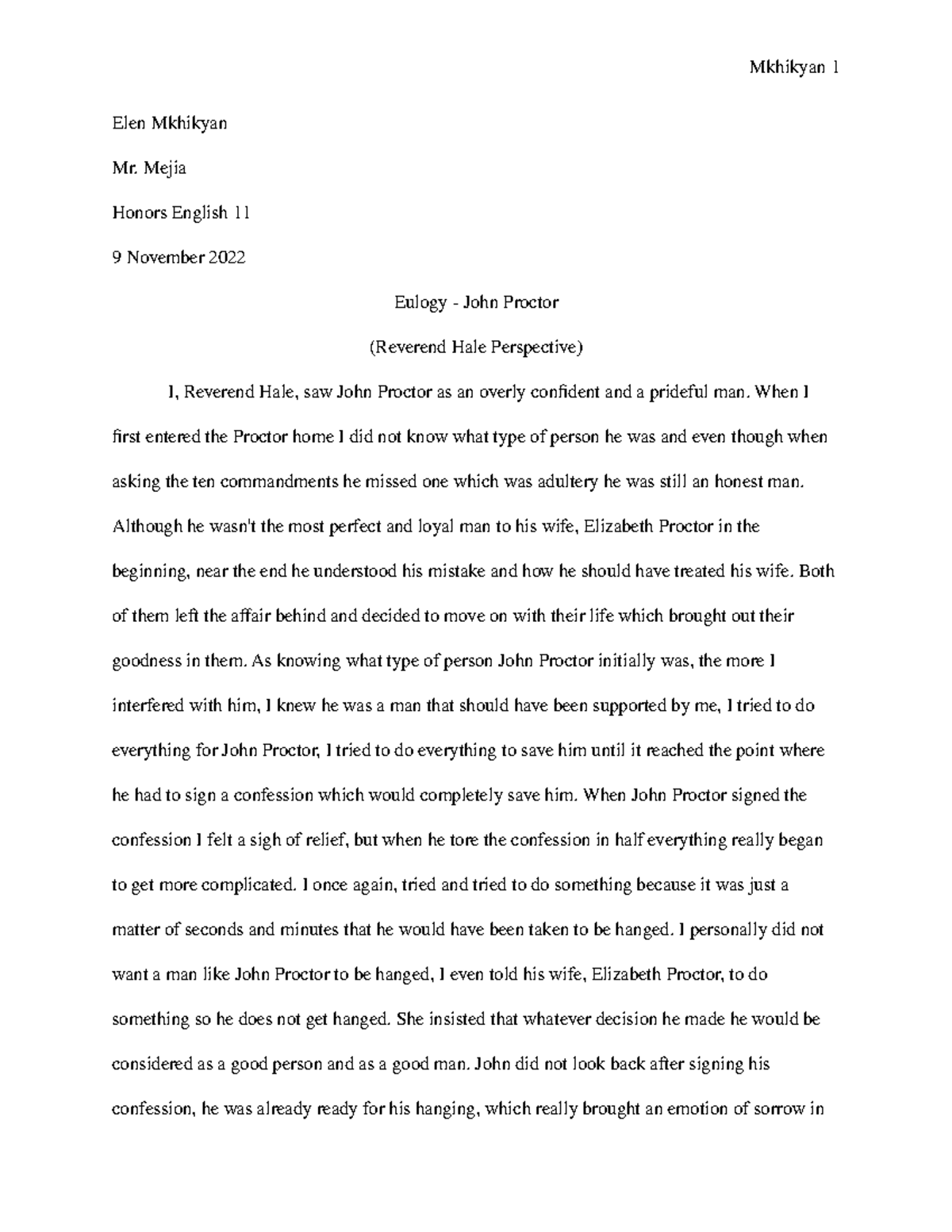 Eulogy John Proctor Work Mkhikyan 1 Elen Mkhikyan Mr. Mejia