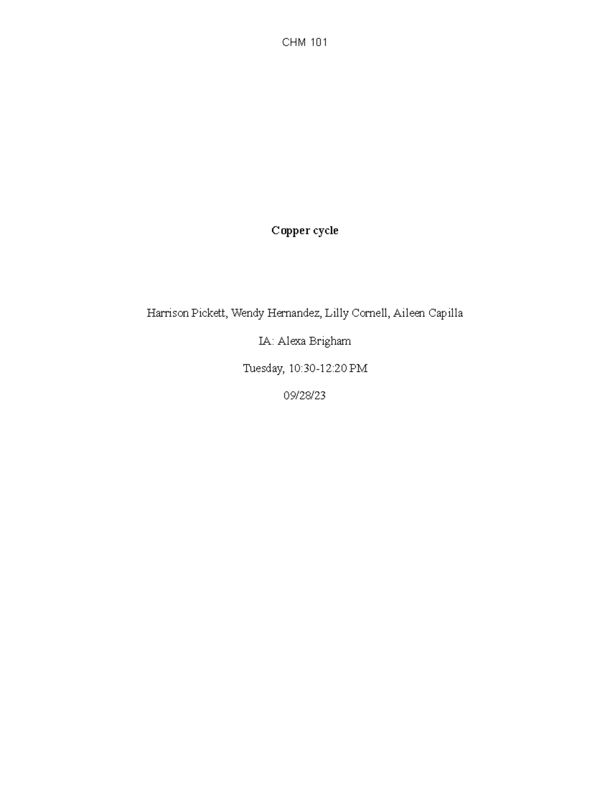 Copper Cycle- Lab Report - Copper Cycle Harrison Pickett, Wendy ...