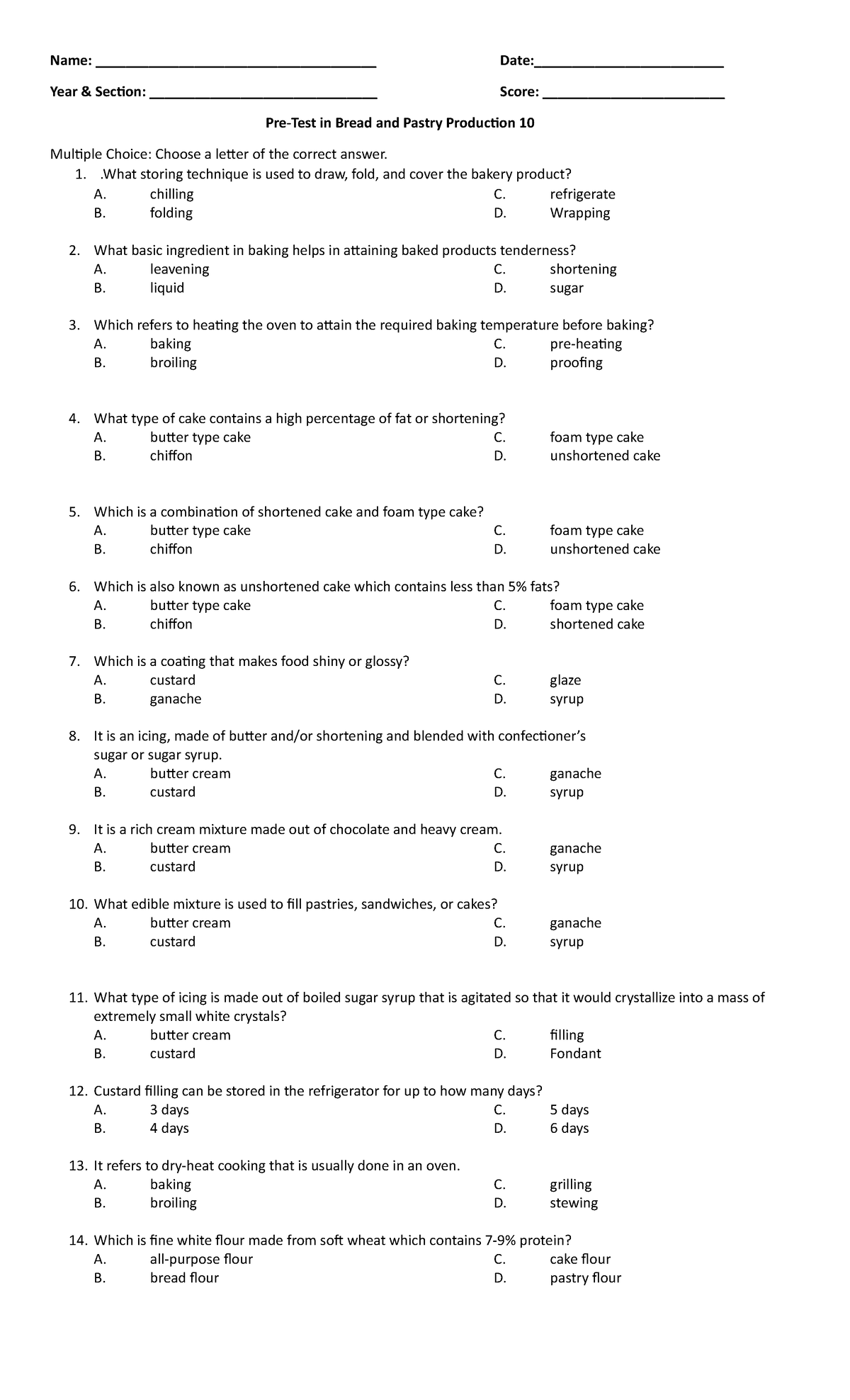 Bread and Pastry 10 Pre Test 1 Name