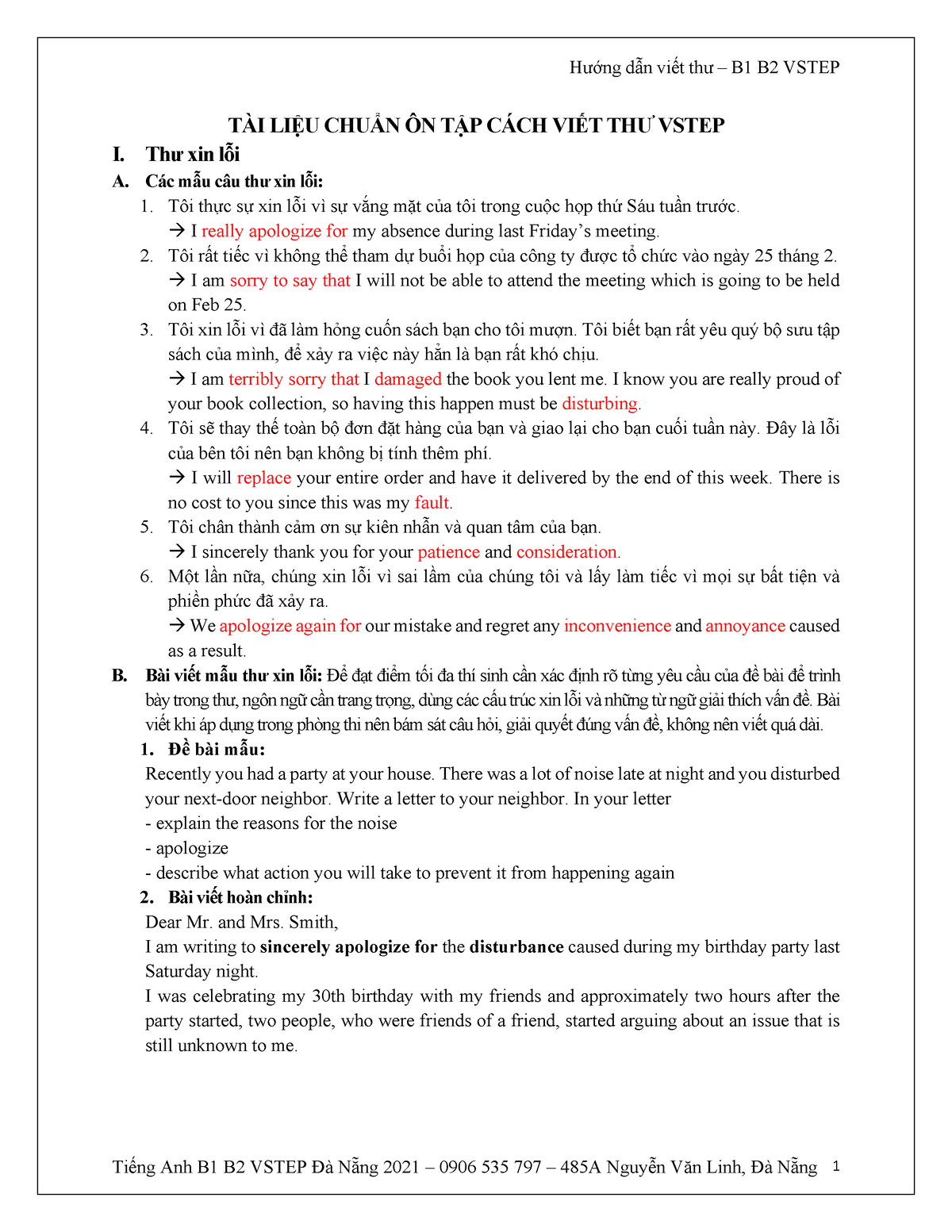 HƯỚNG DẪN VIẾT THƯ B1 B2 EASY - TÀI LIỆU CHUẨN ÔN TẬP CÁCH VIẾT THƯ VSTEP I. Thư xin lỗi A. Các mẫu - StuDocu
