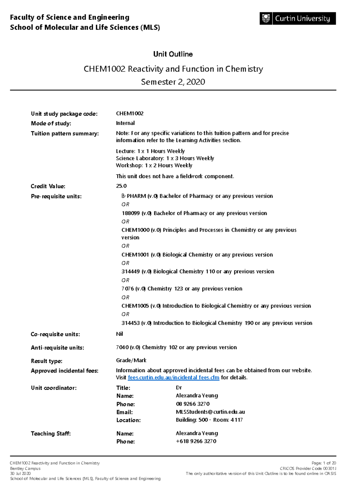 CHEM1002 Reactivity and Function in Chemistry Semester 2 2020 Bentley ...