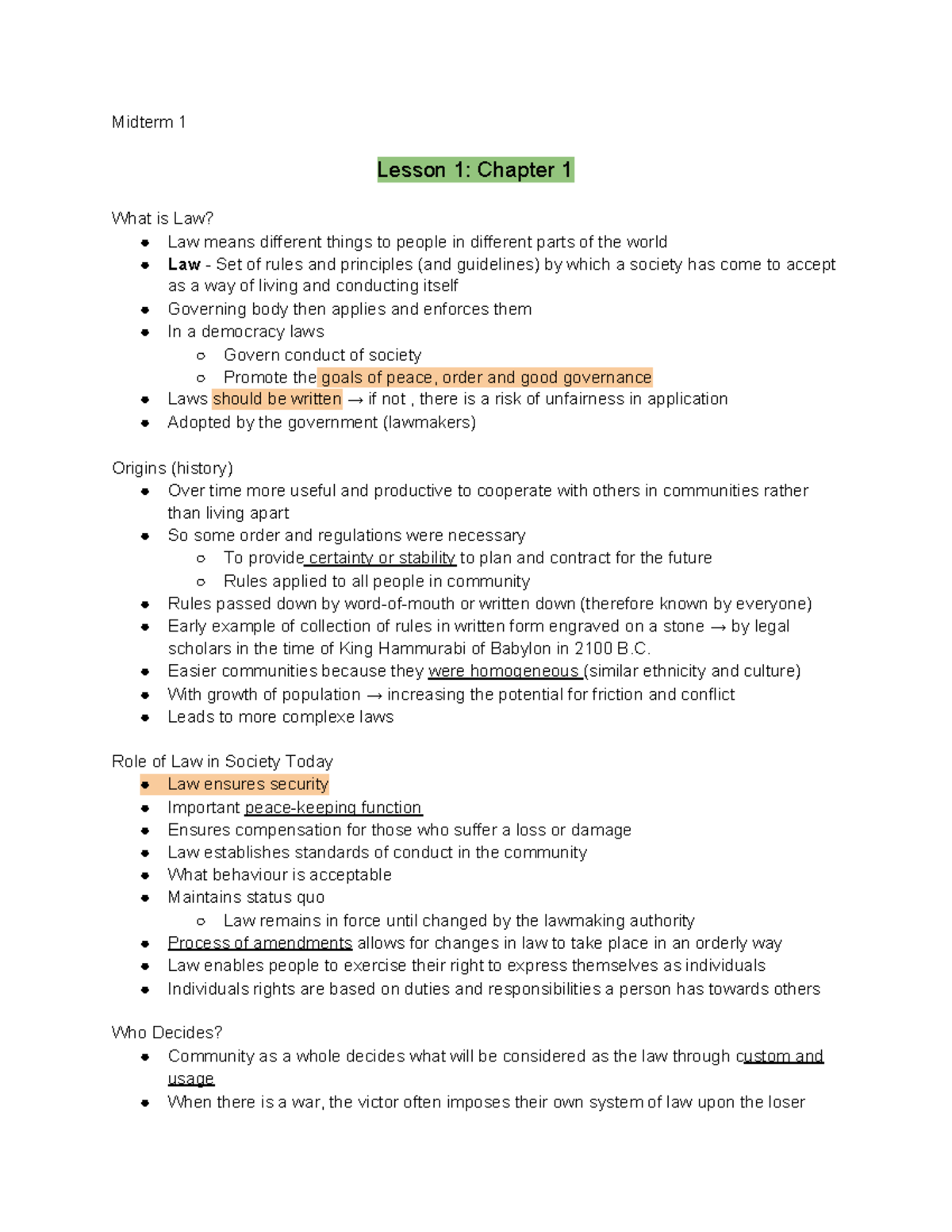 COMM 315 Midterm 1 Notes - Midterm 1 Lesson 1: Chapter 1 What is Law ...