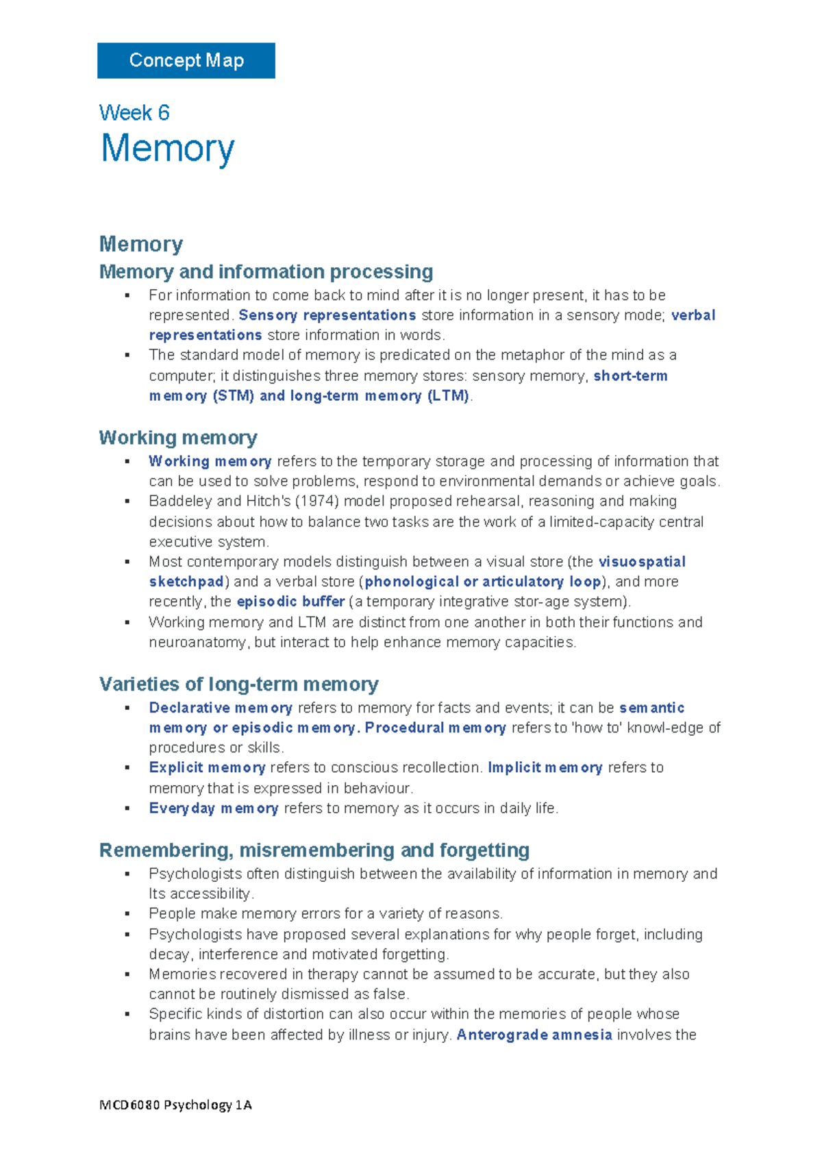 Week 6 - Concept Map Memory - MCD6080 Psychology 1A Concept Map Week 6 ...
