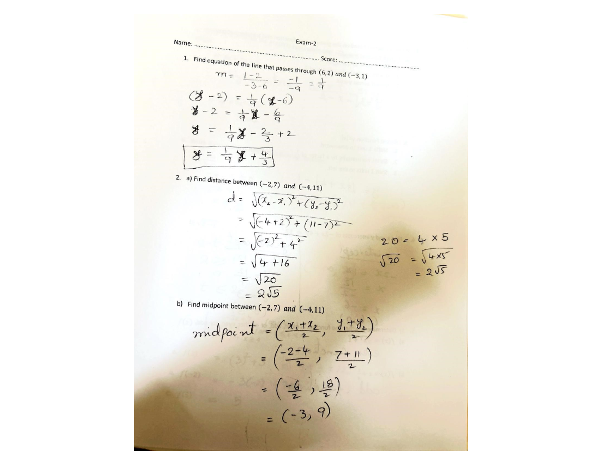 Exam 1 answers pg2 - MATH 111 - Name: Score: 1. Find equation of the ...