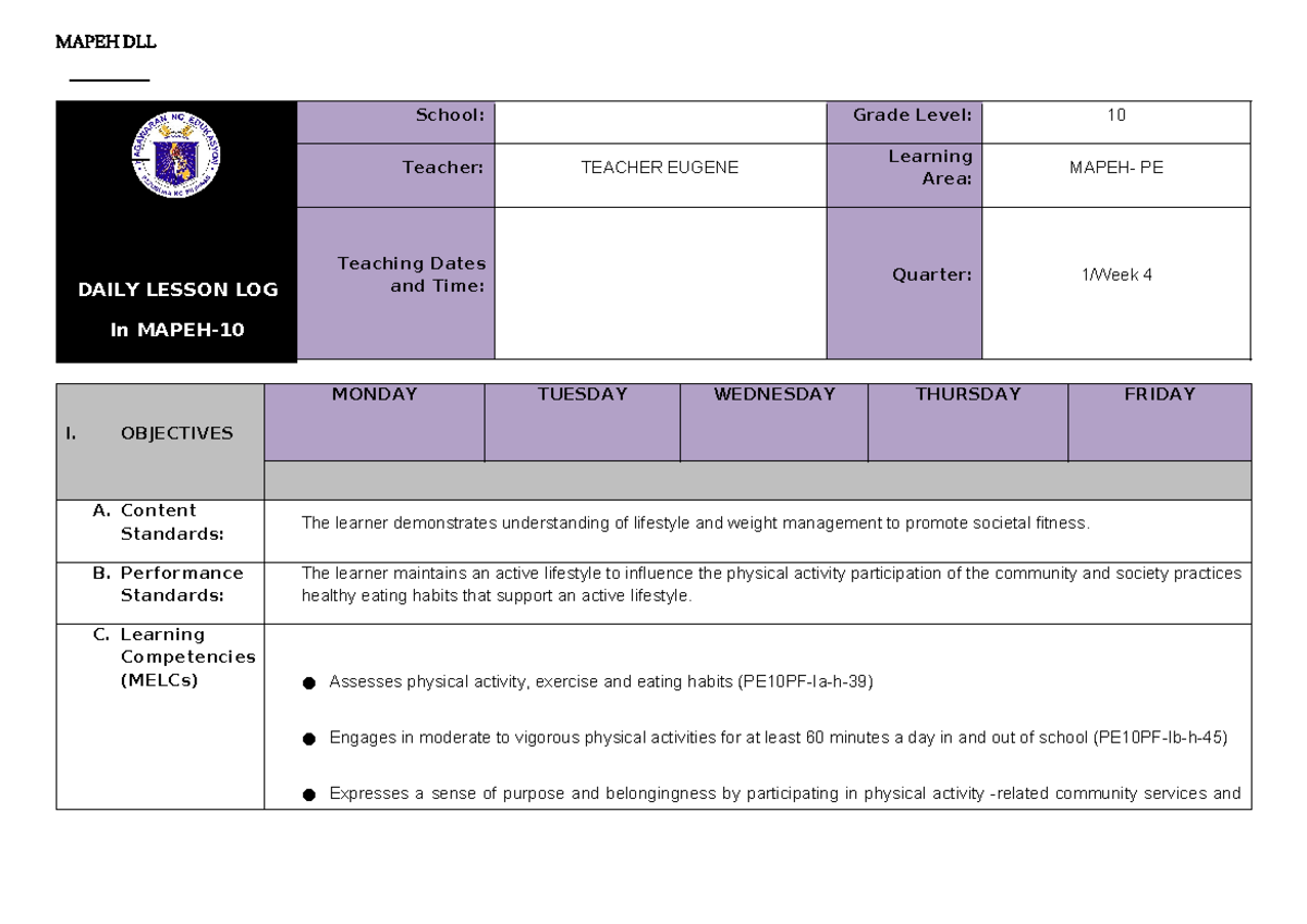 Q1 DLL- Mapeh 10 PE - daily lesson log - DAILY LESSON LOG In MAPEH ...