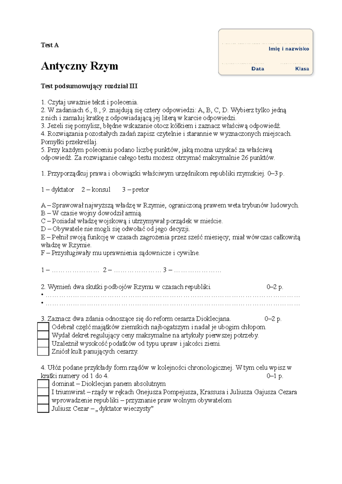 323988949-Antyczny-Rzym - Test A Antyczny Rzym Test podsumowujący