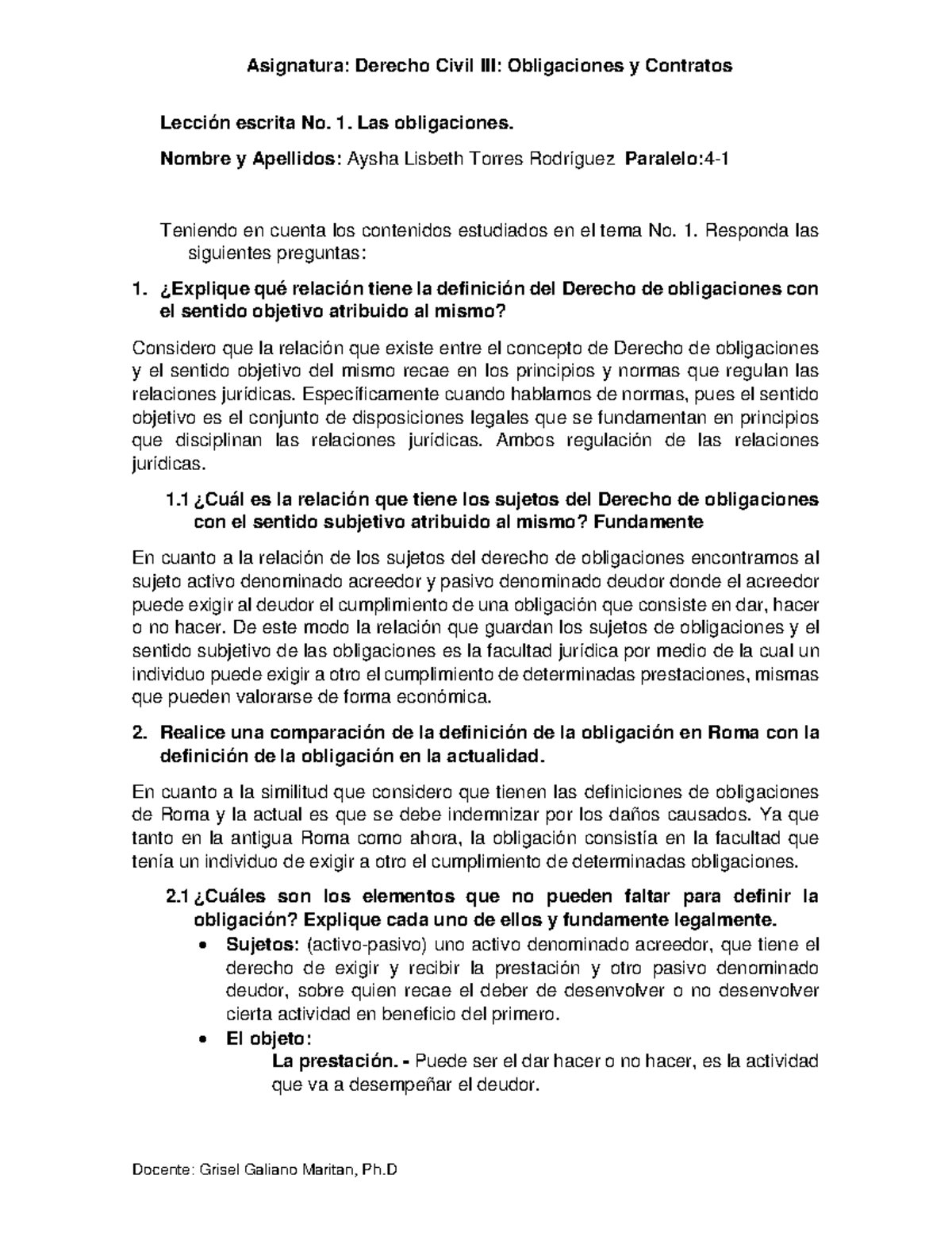 Lección Escrita No. 1. Las Obligaciones - Asignatura: Derecho Civil III ...