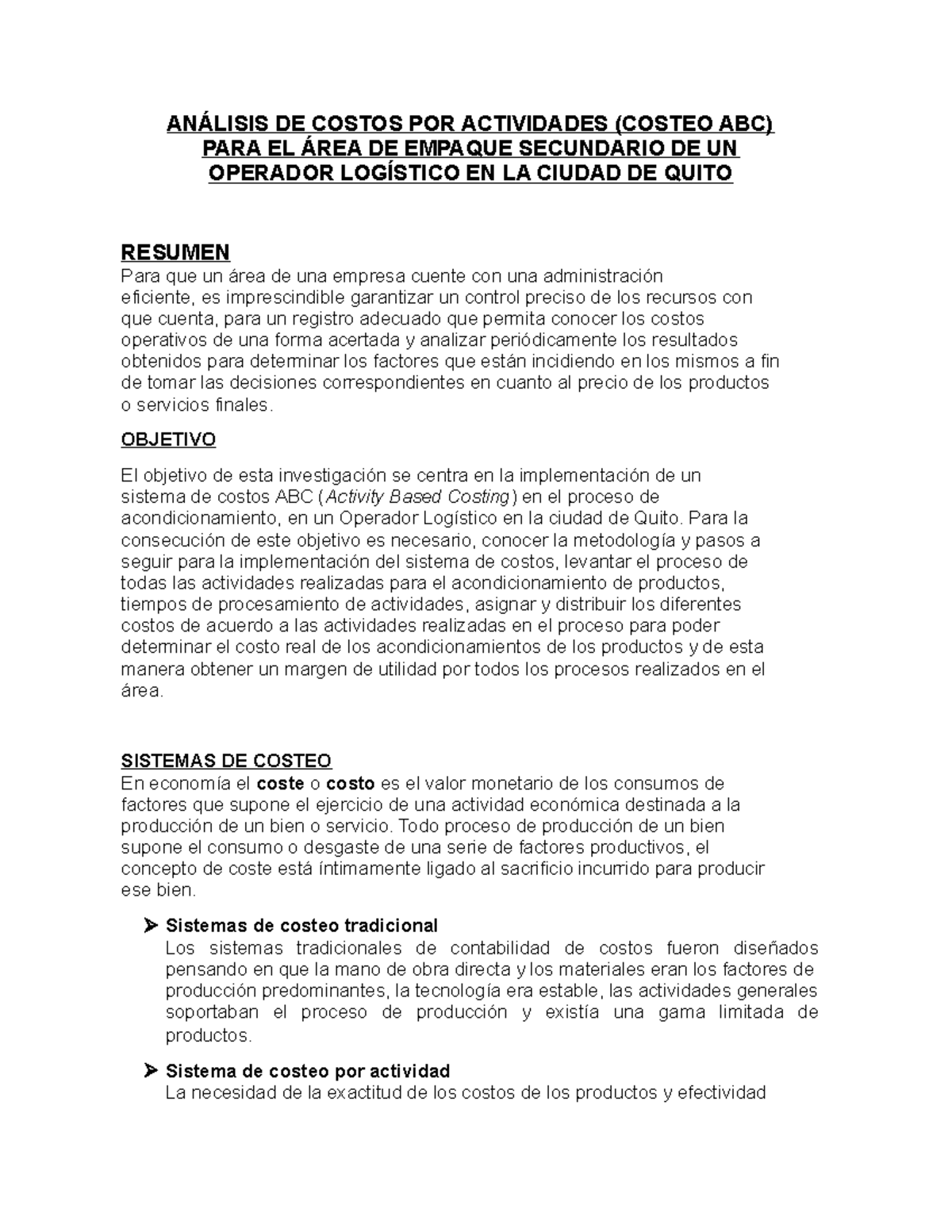 Análisis DE Costos POR Actividades - ANÁLISIS DE COSTOS POR ACTIVIDADES ...