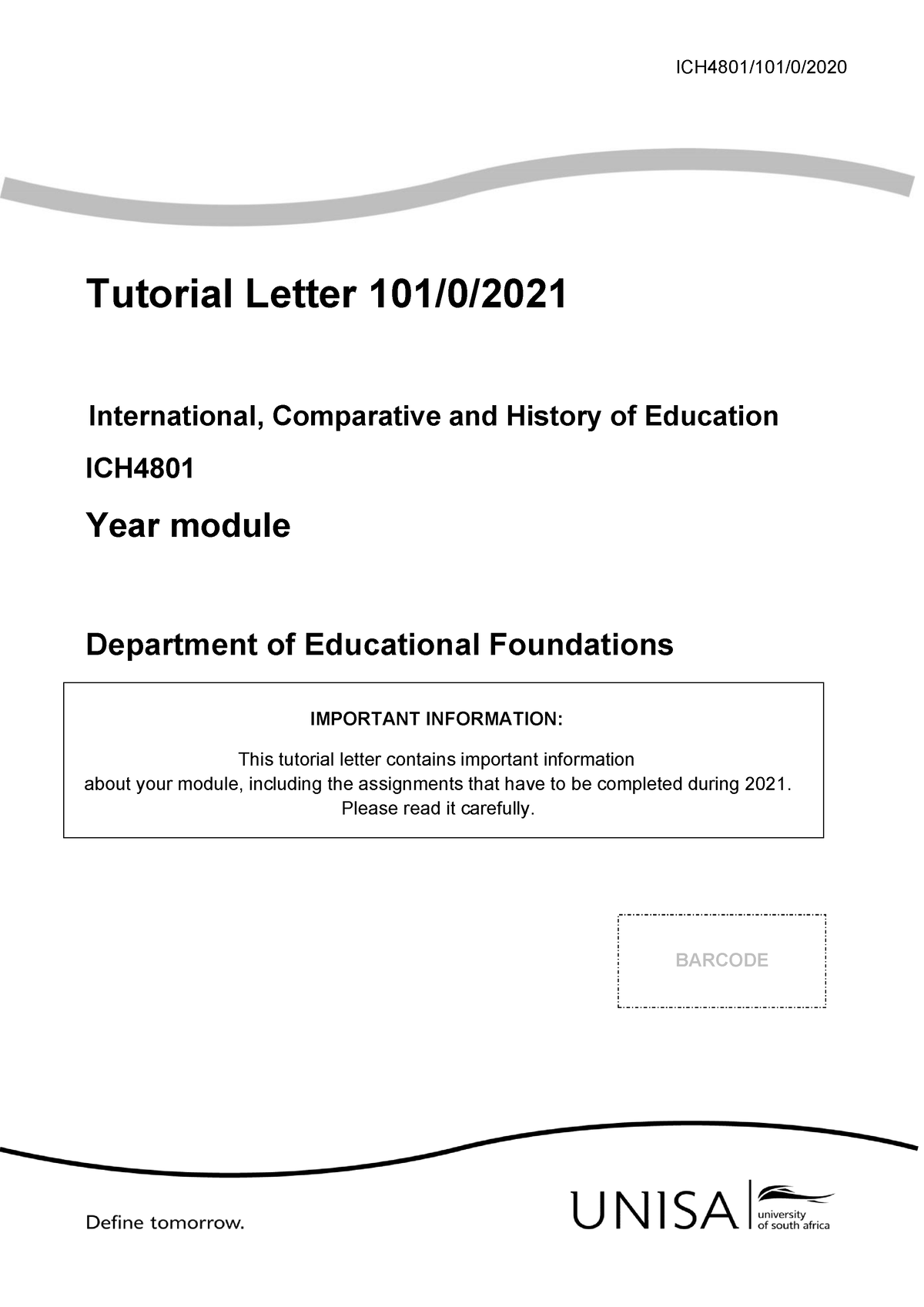 101 2021 0 B (1)- HBEDTRD TUTORIAL LETTERS - ICH4801/101/0/ Tutorial ...