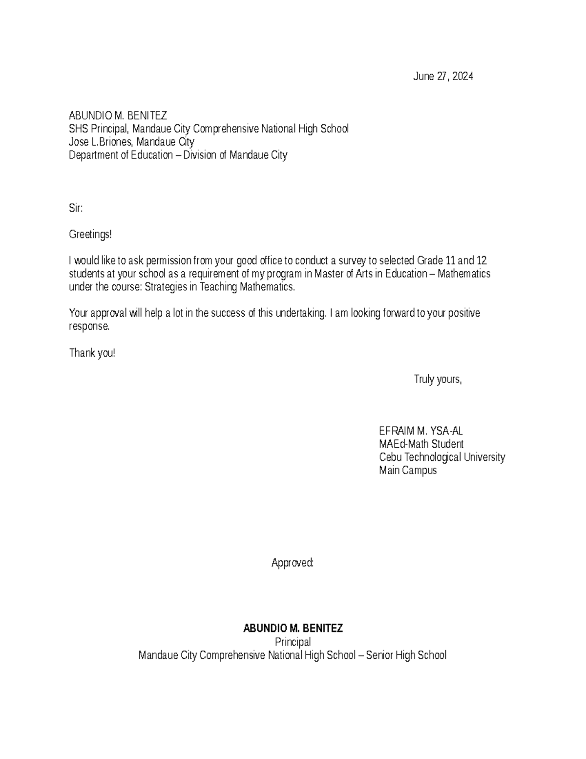 Approval Letter FOR Survey - June 27, 2024 ABUNDIO M. BENITEZ SHS ...