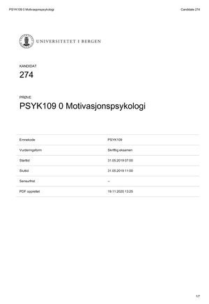 PSYK110 B-besvarelse 2020 - PSYK110Emnekode Skriftlig ...