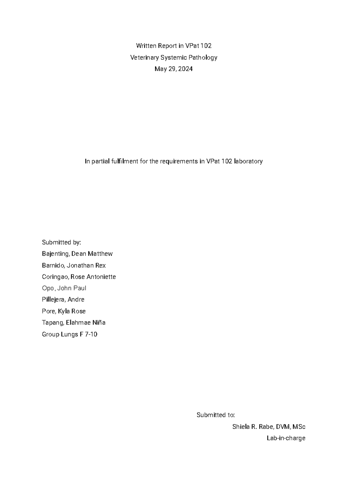 1. Written Report - Rabe, DVM, MSc Lab-in-charge Relevance of ...