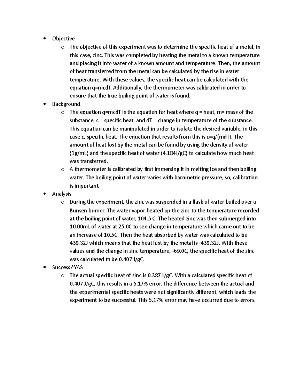 Experiment 7 Heat and Temperature - Objective o The objective of this ...