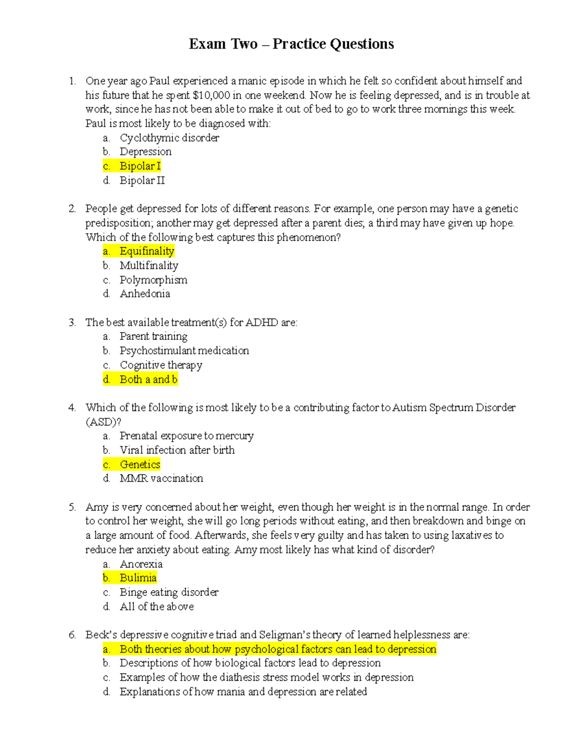 Exam 2 Practice Questions Key - Exam Two – Practice Questions One Year ...