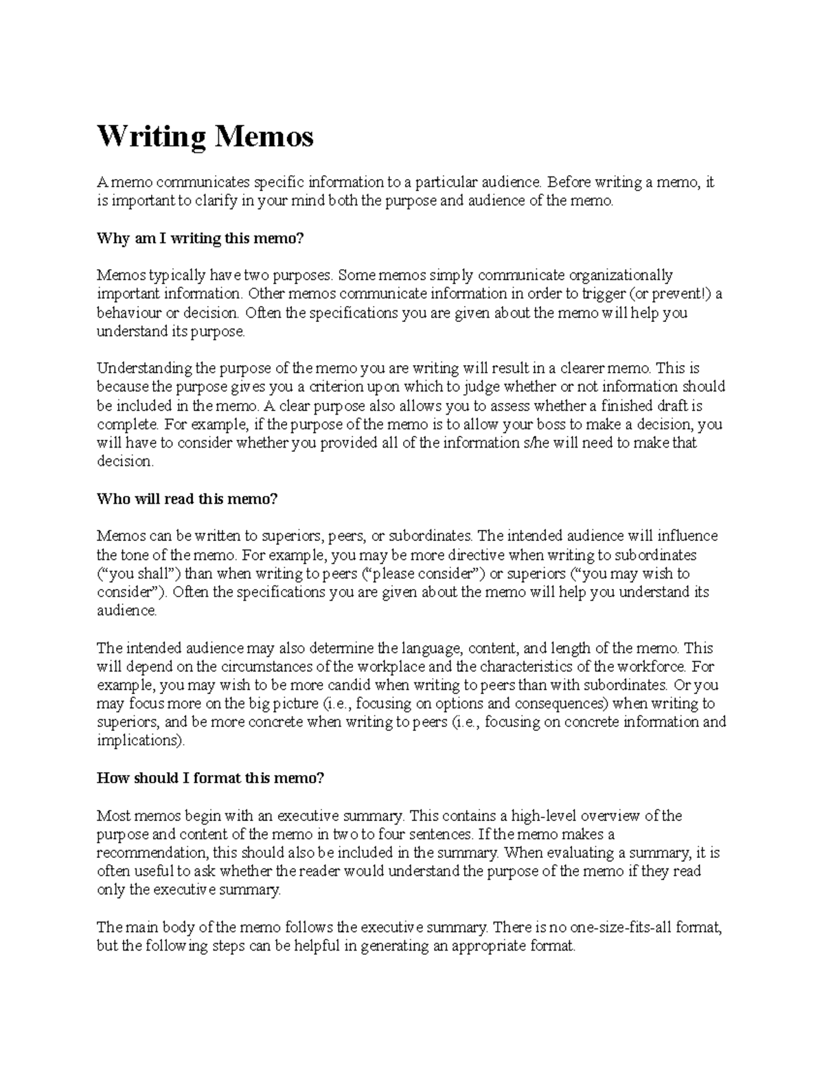 HRMT 386 Writing Memos - Writing Memos A memo communicates specific ...