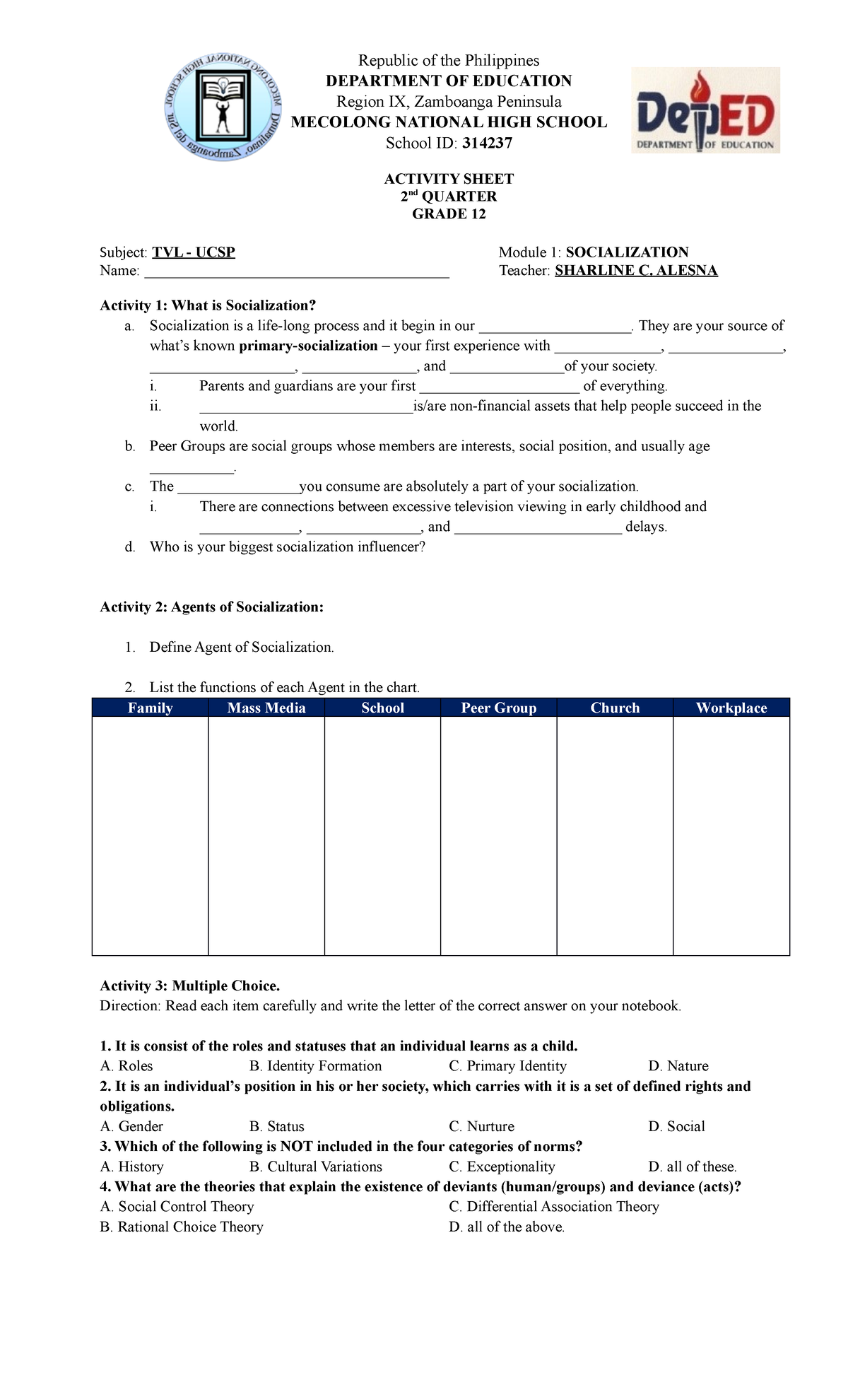 Physical Education Activity Sheets for UCSP Q2