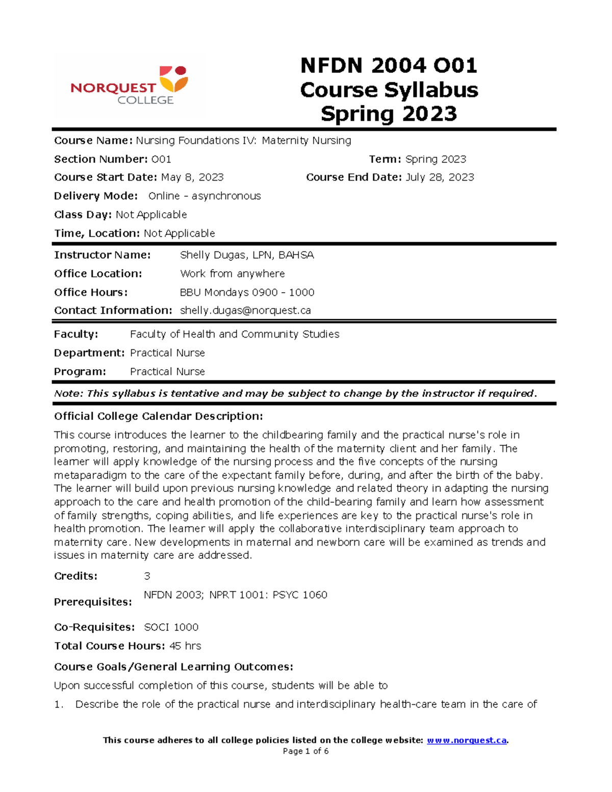 NFDN 2004 001 Course Syllabus Spring 2023 NFDN 2004 O Course Syllabus