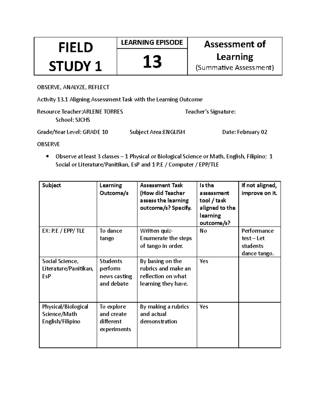 FIELD STUDY 1 EPISODE 13 FIELD STUDY 1 LEARNING EPISODE Assessment Of 