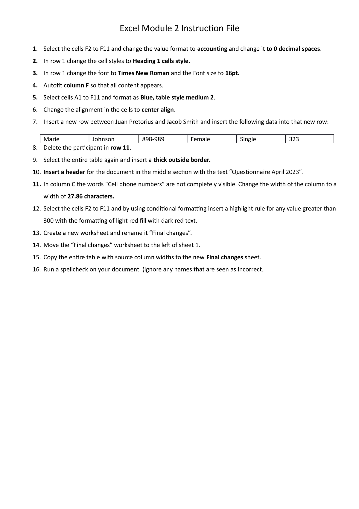 Excel module 2 instructions file without help text - Excel Module 2 ...