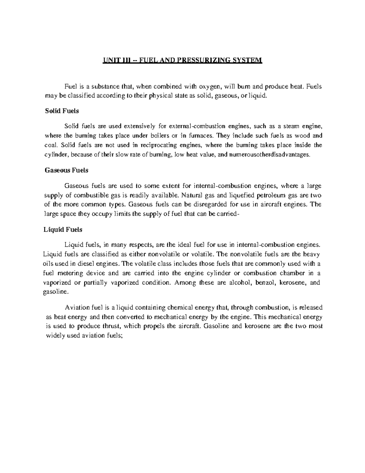 FUEL AND Pressurizing System notes UNIT III FUEL AND PRESSURIZING
