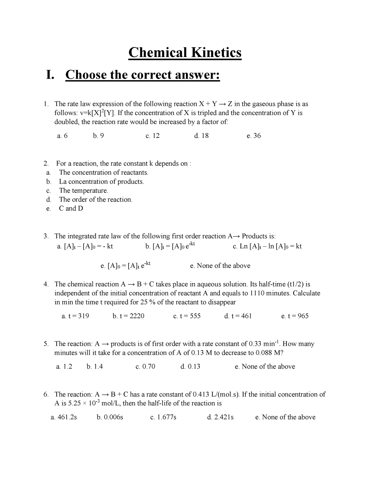 Td 3 Tut Part 3 Chemical Kinetics I Choose The Correct Answer The Rate Law Expression Of The Studocu