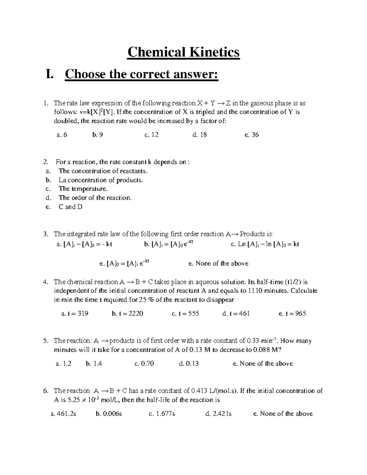 Td 3 Tut Part 3 Chemical Kinetics I Choose The Correct Answer The Rate Law Expression Of The Studocu