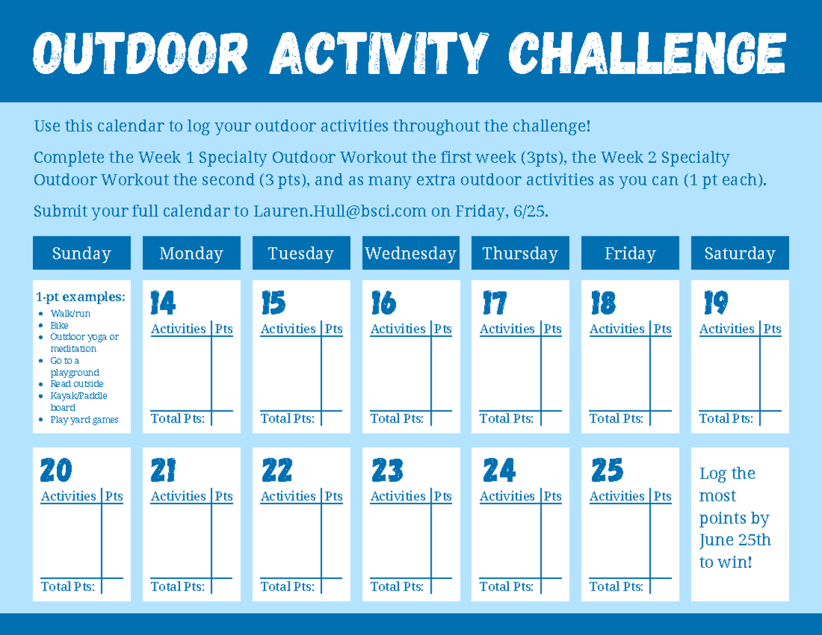 Outdoor Activity Challenge Calendar - OUTDOOR ACTIVITY CHALLENGE Sunday ...