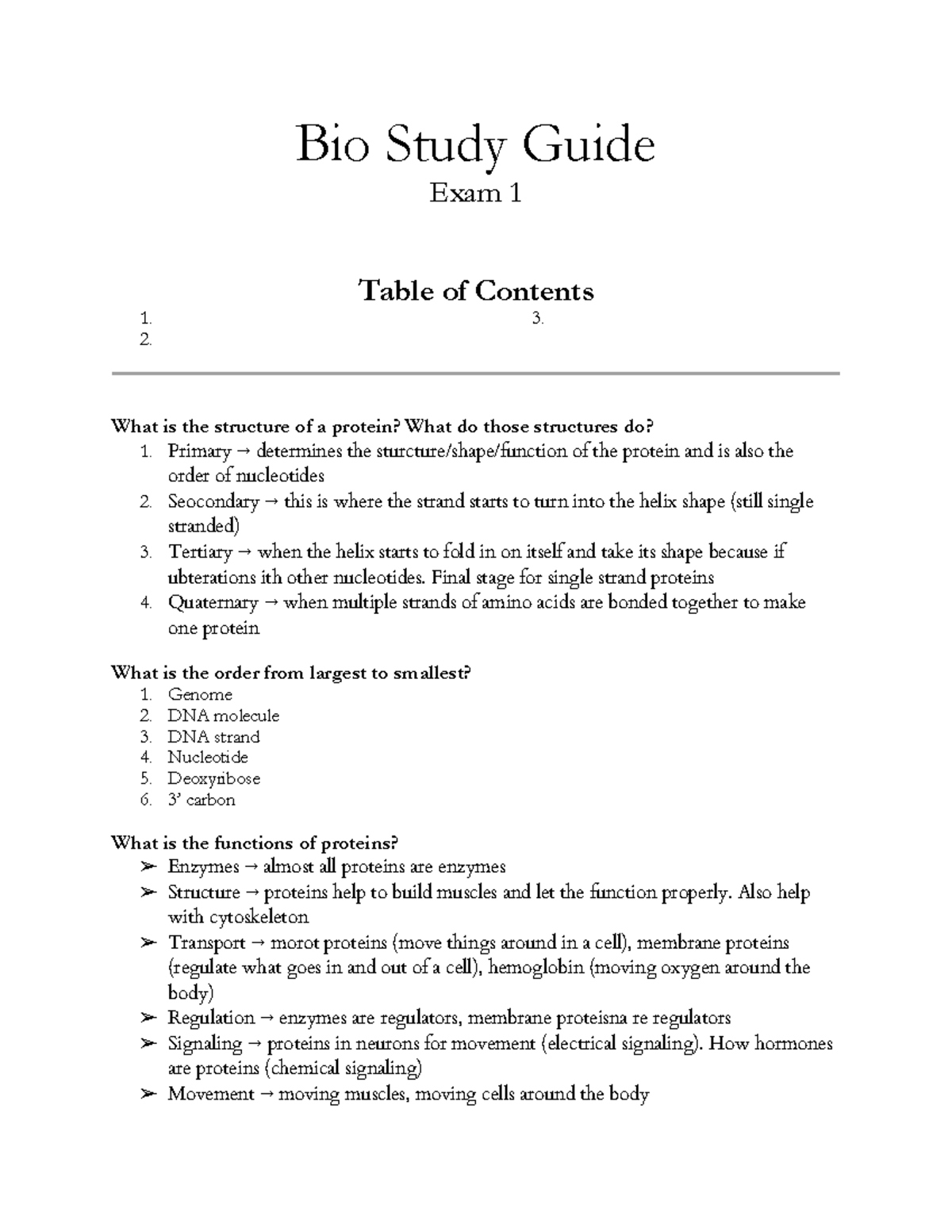 Bio Study Guide - Exam 1 - Bio Study Guide Exam 1 Table of Contents 1 ...