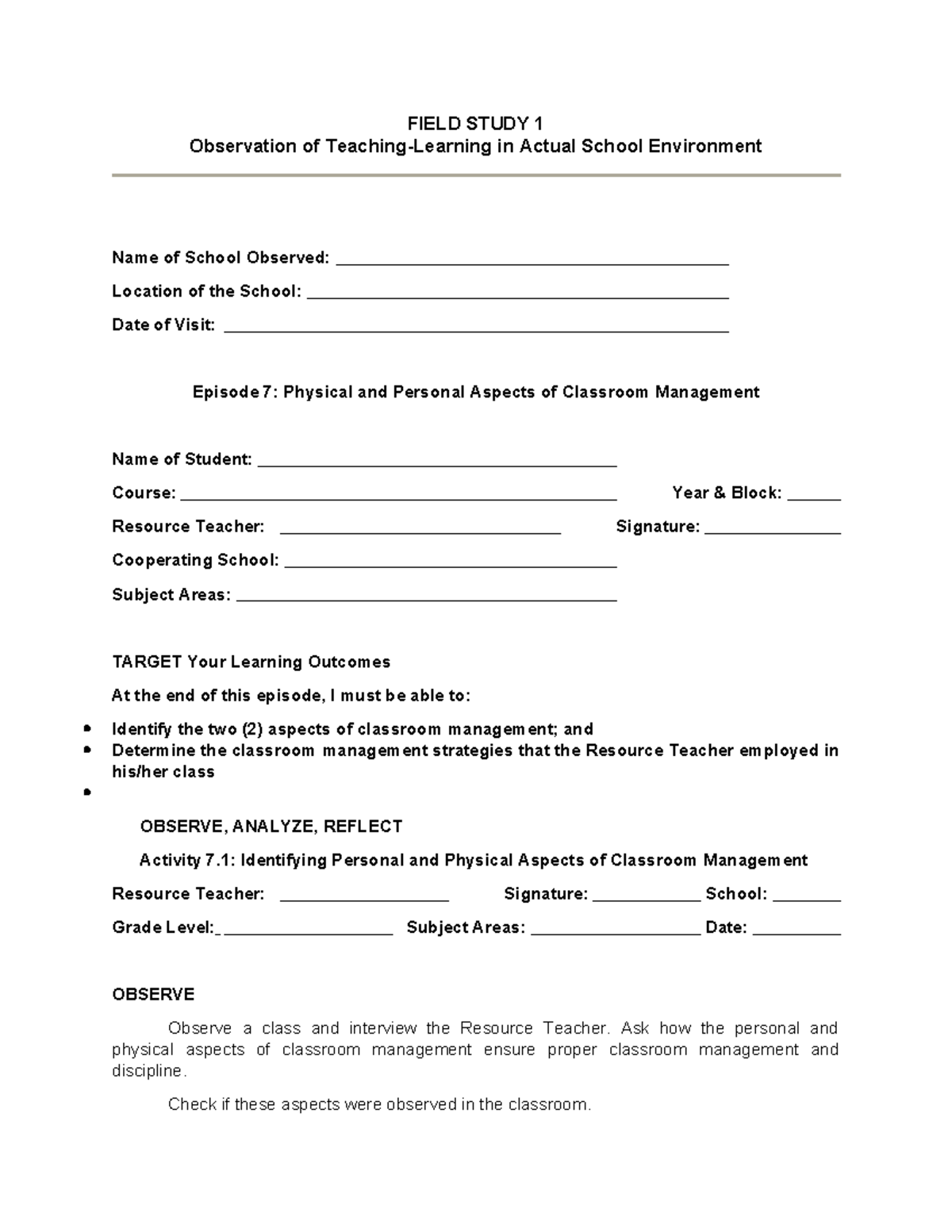 FS 1 LE 7 - LEARNING EPISODES - FIELD STUDY 1 Observation of Teaching ...