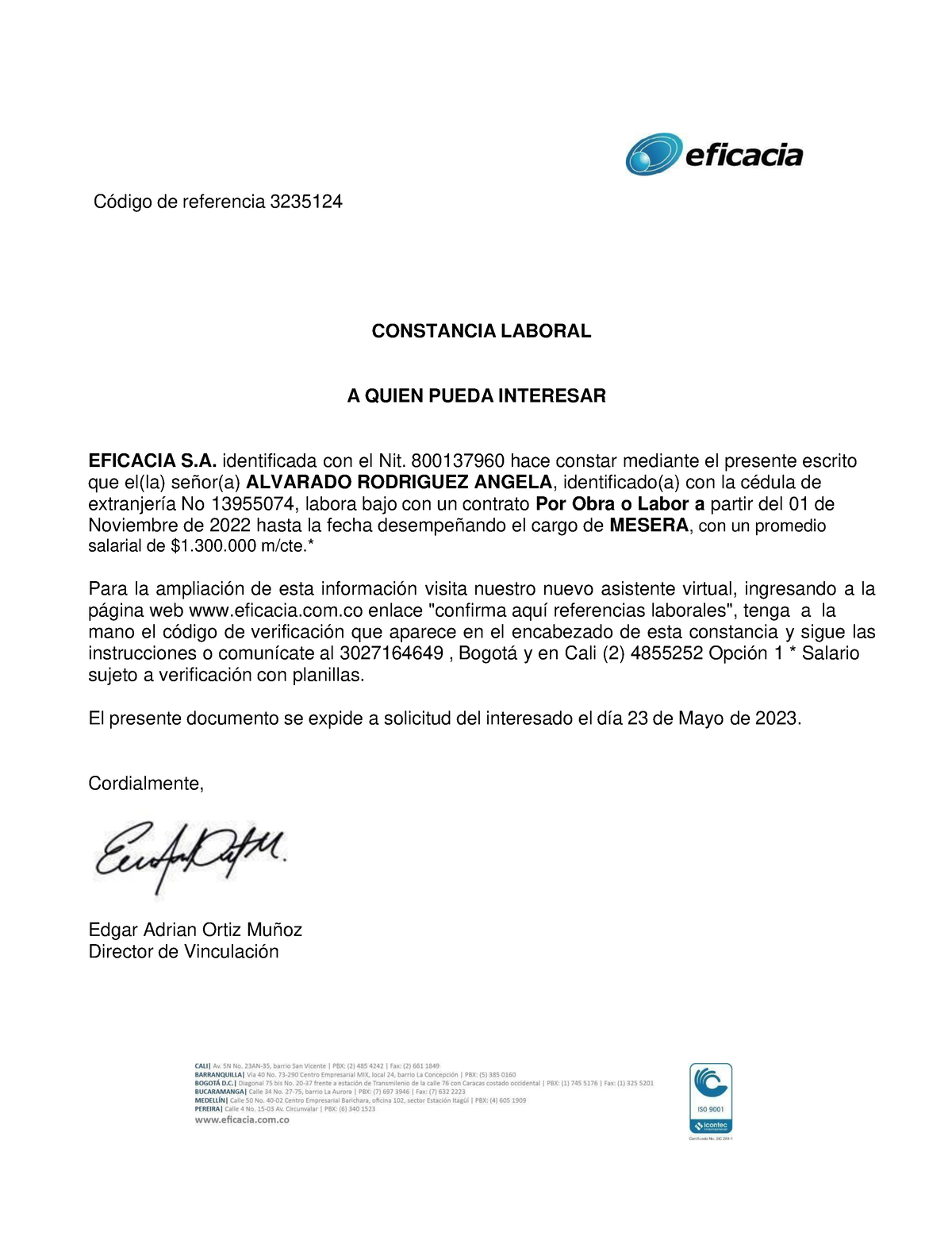 Certificado Laboral Angela Código De Referencia 3235124 Constancia Laboral A Quien Pueda 6832