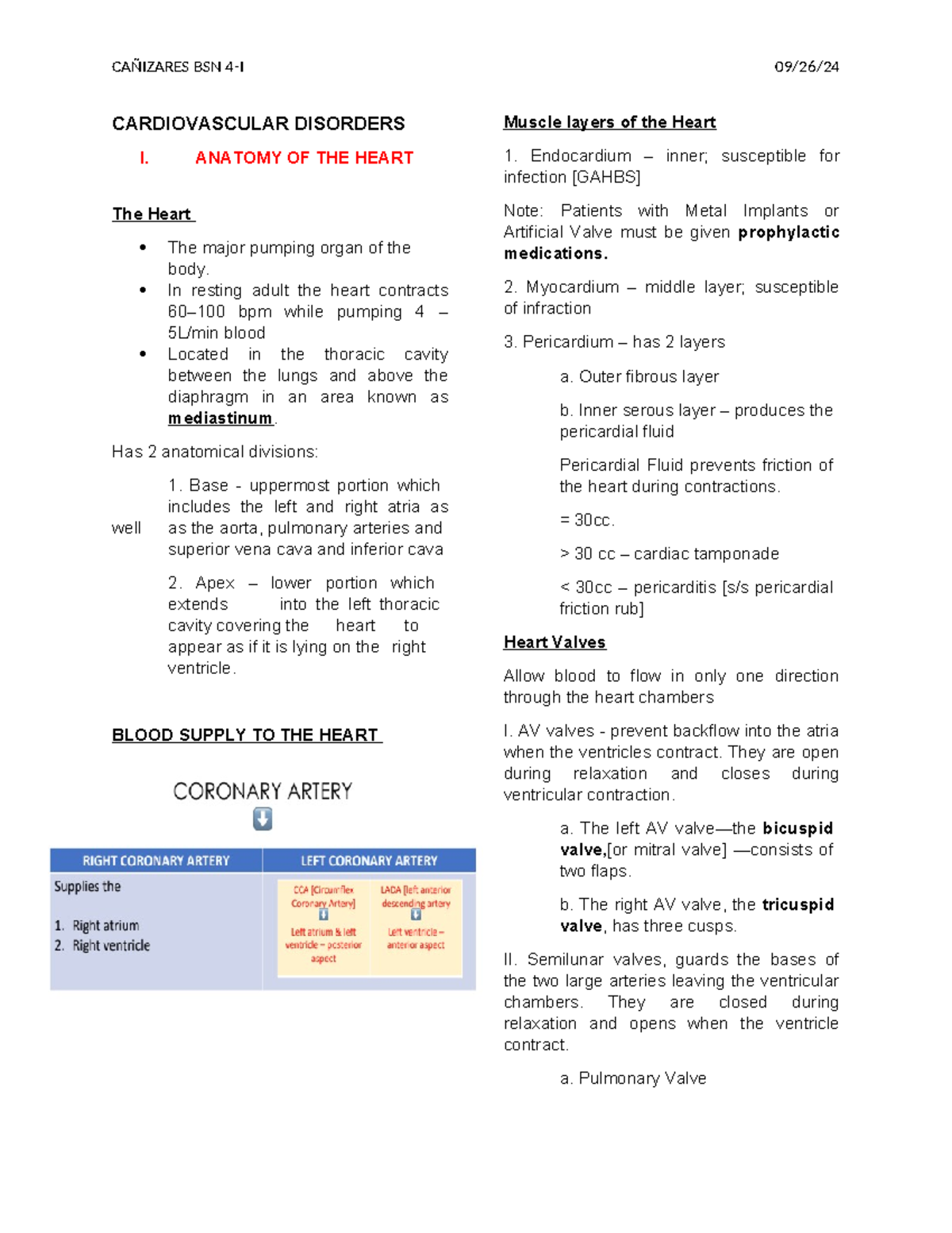 Cardiovascular Notes - CARDIOVASCULAR DISORDERS I. ANATOMY OF THE HEART ...