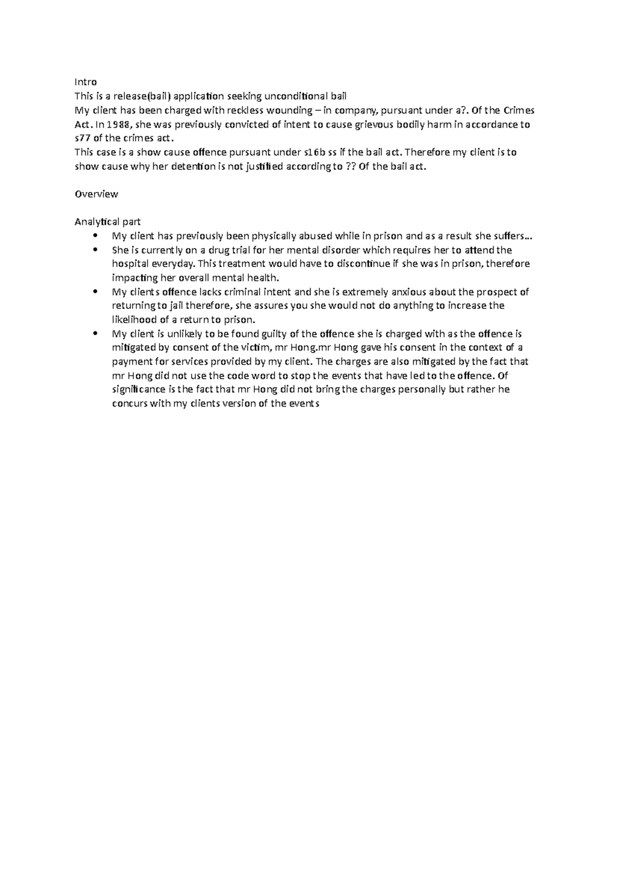 Bail application - Intro This is a release(bail) application seeking ...